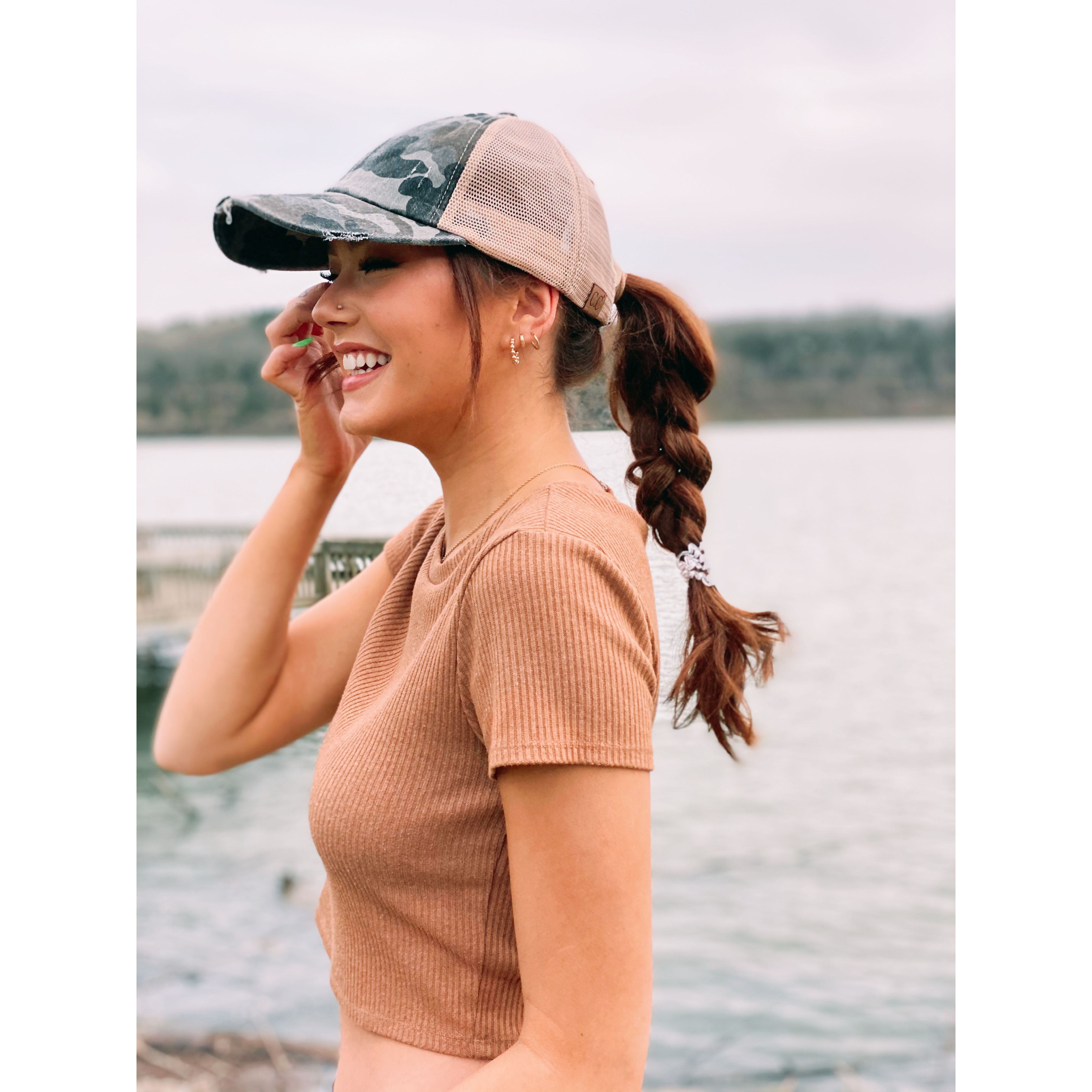 Distressed Camouflage Criss-Cross High Ponytail CC Baseball Hat