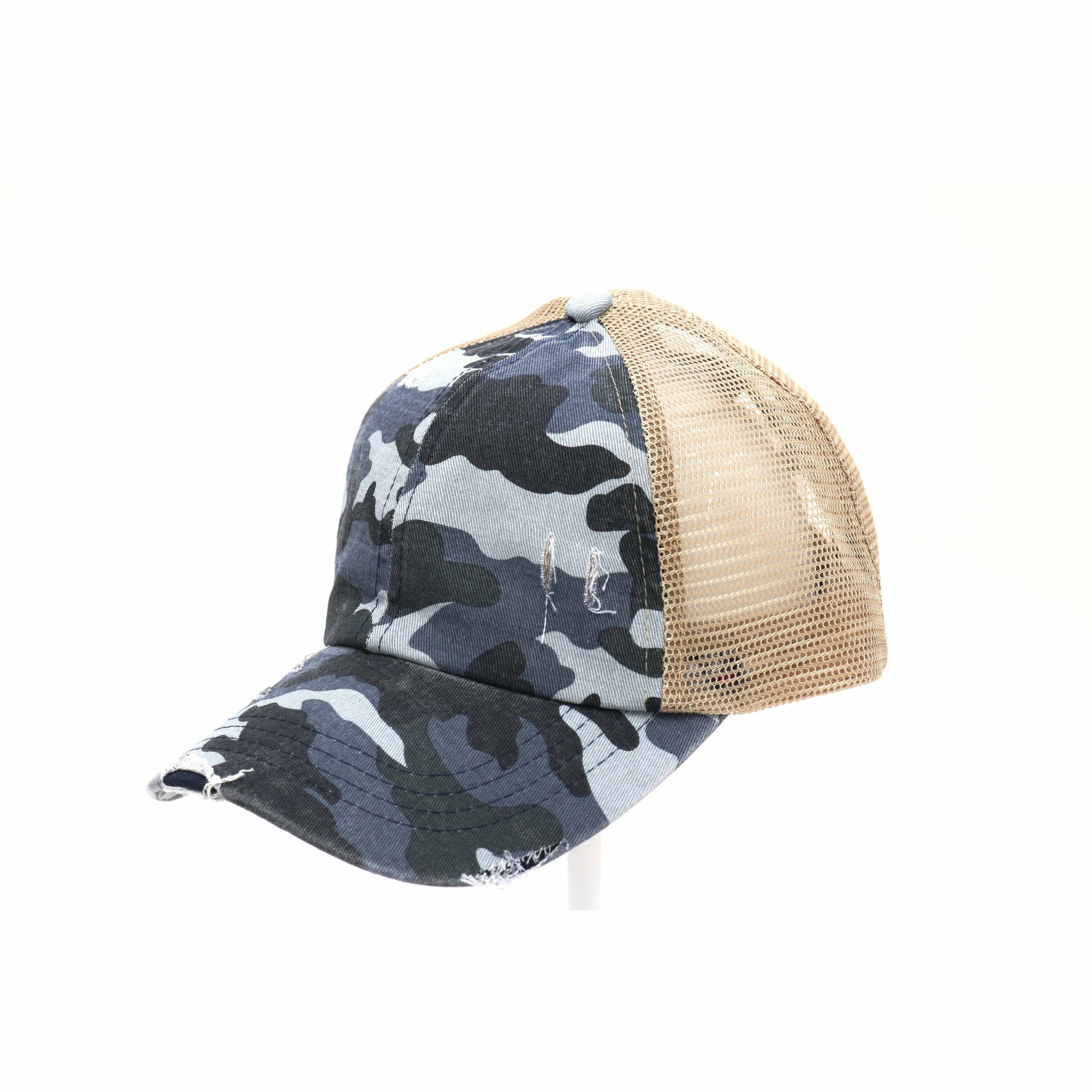 Distressed Camouflage Criss-Cross High Ponytail CC Baseball Hat