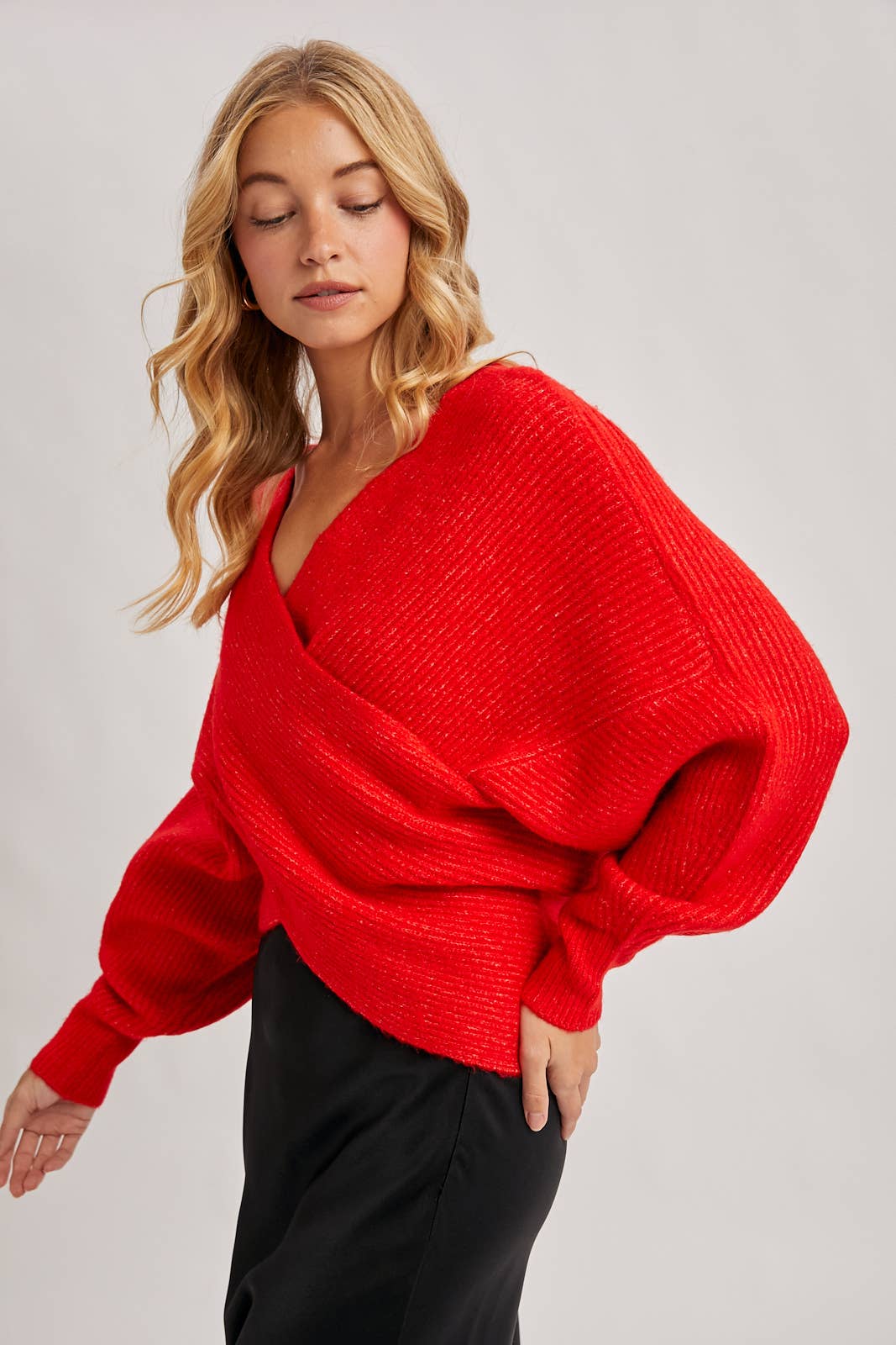 WRAP CROSSOVER RIBBED FUZZY KNIT SWEATER PULLOVER: RUBY / M/L
