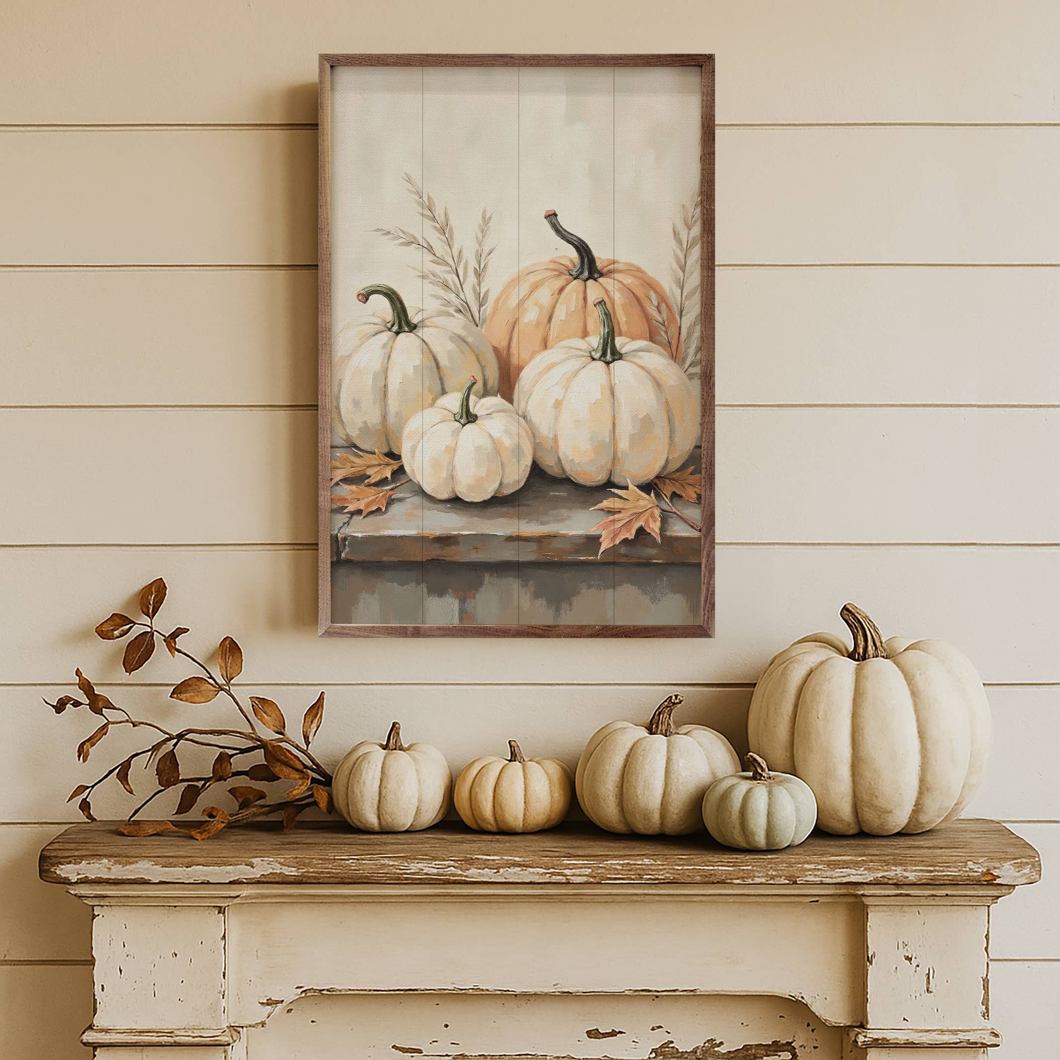 Pumpkins On Weathered Wood Print