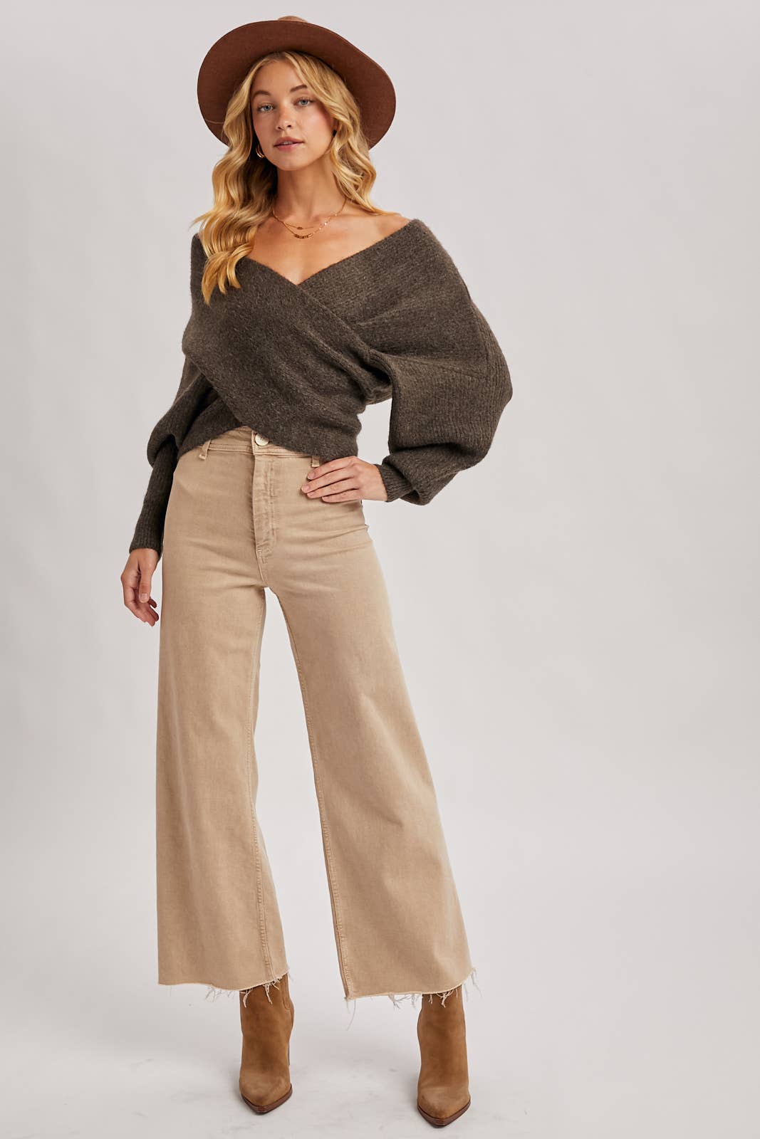 WRAP CROSSOVER RIBBED FUZZY KNIT SWEATER PULLOVER: RUBY / M/L