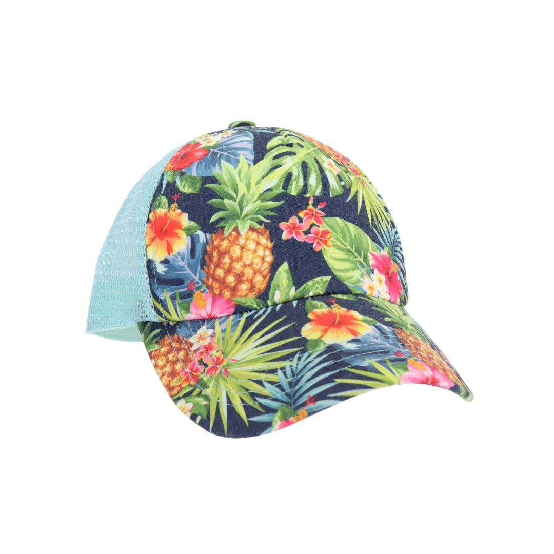 Tropical Palm Print Criss Cross High Pony C.C Ball Cap