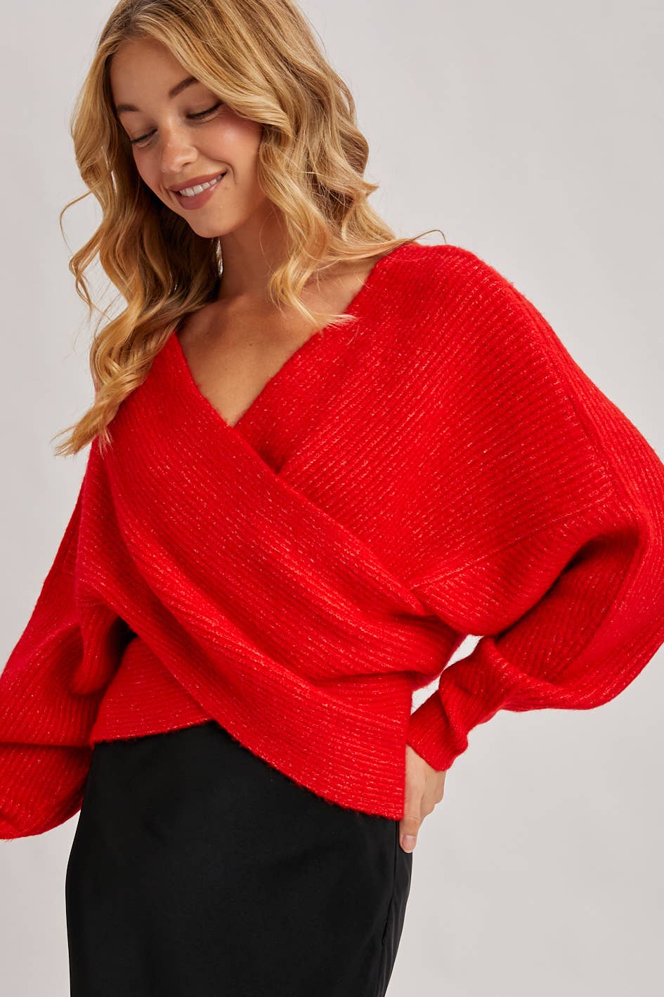 WRAP CROSSOVER RIBBED FUZZY KNIT SWEATER PULLOVER: RUBY / M/L