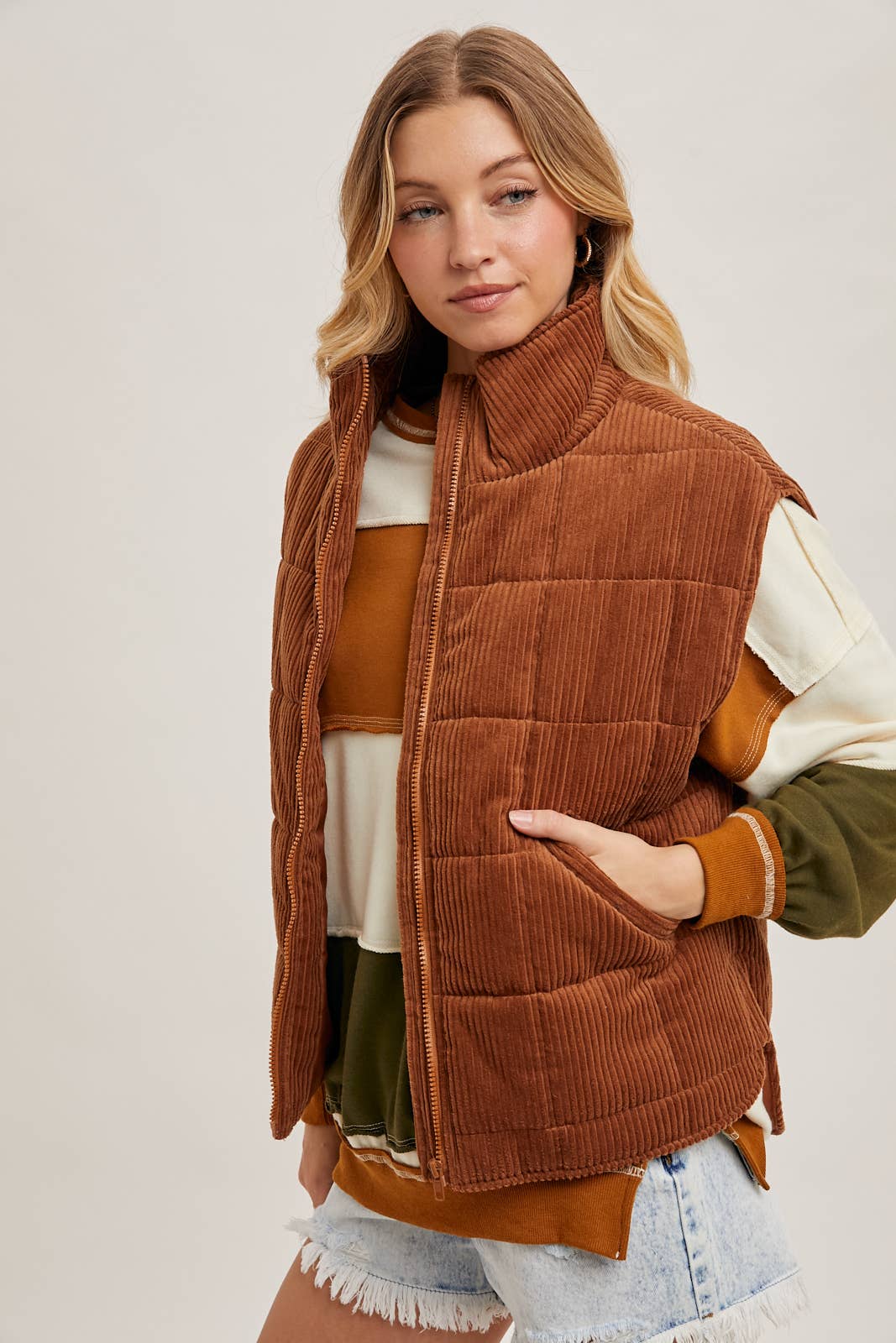 Camel Corduroy Quilted Puffer Vest