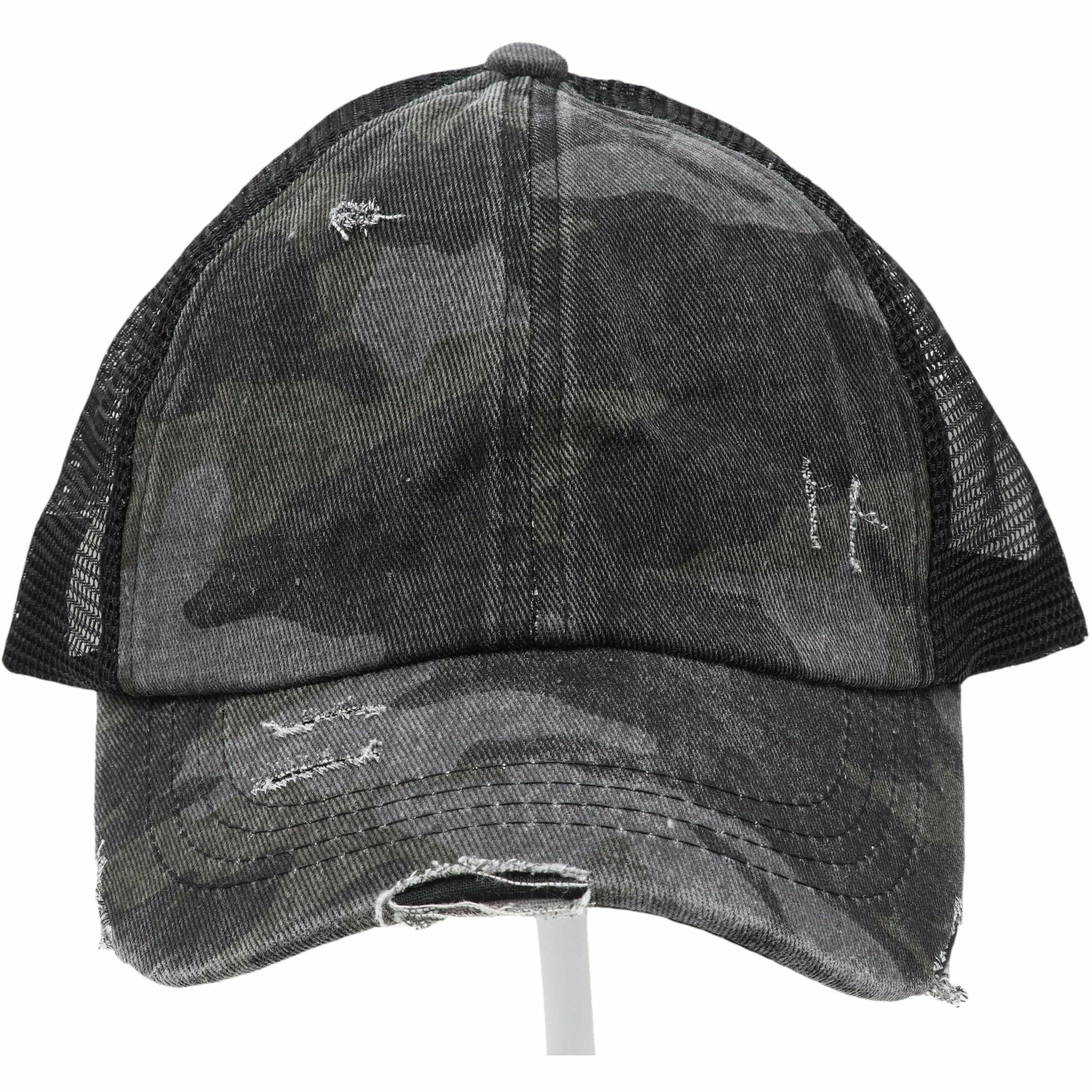 Distressed Camouflage Criss-Cross High Ponytail CC Baseball Hat