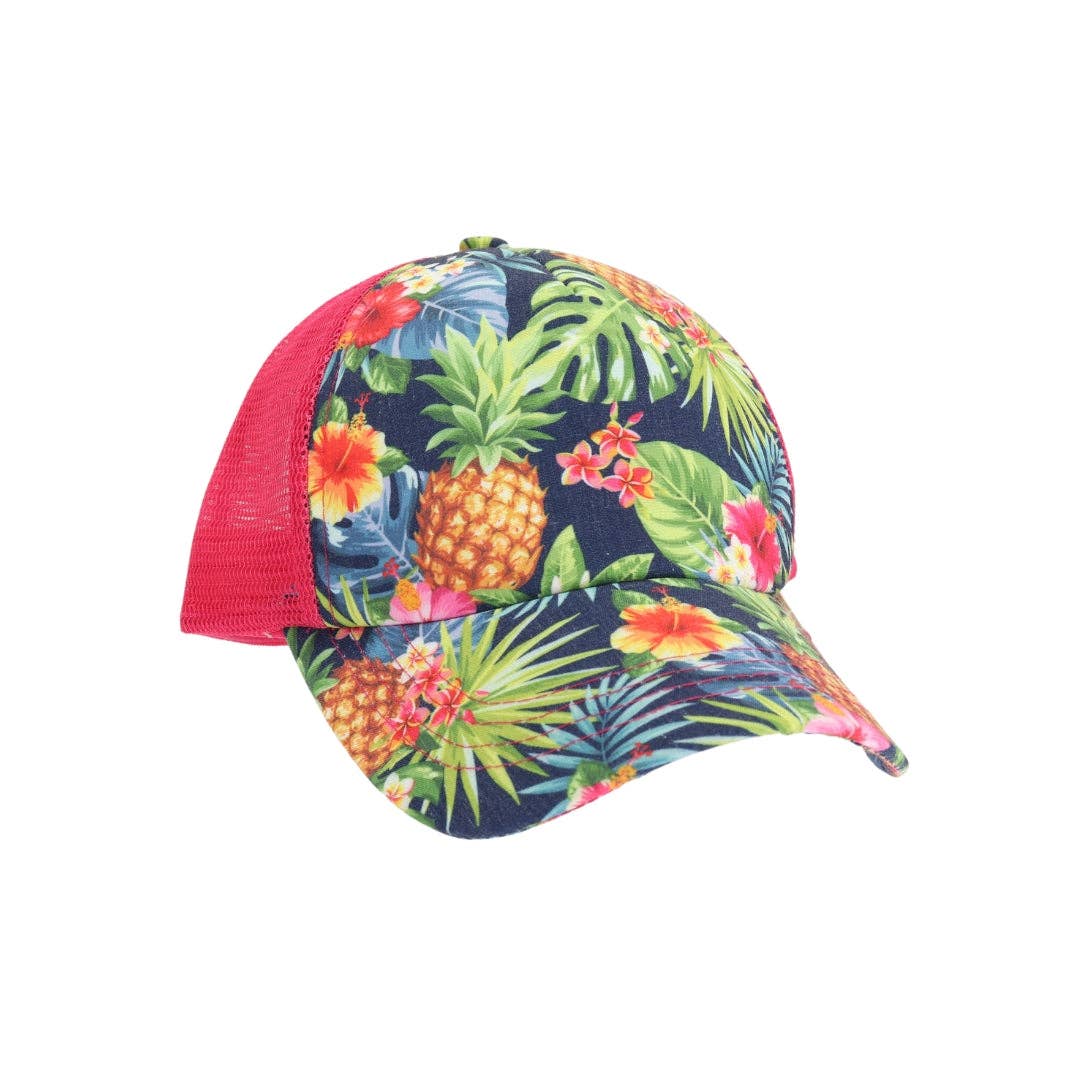 Tropical Palm Print Criss Cross High Pony C.C Ball Cap