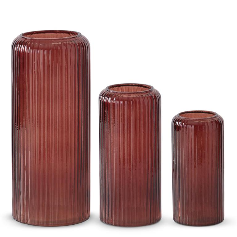 Burgundy Ribbed Pressed Glass Vases