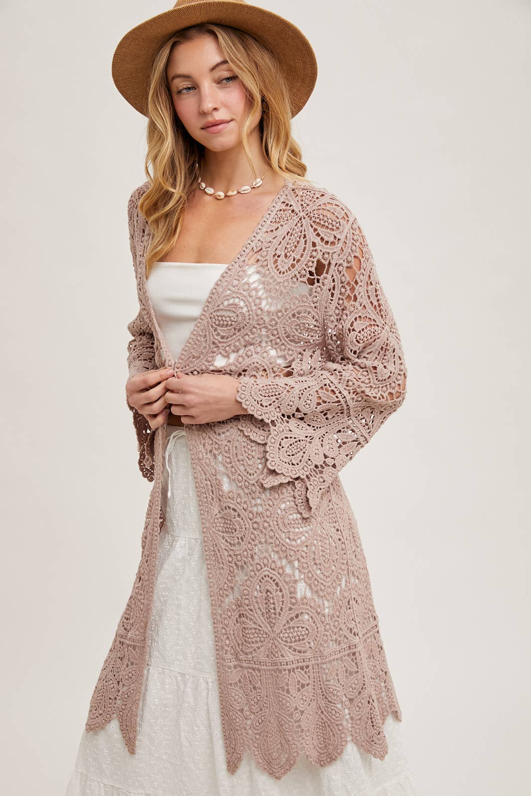 CROCHET OPEN FRONT BELL SLEEVED CARDIGAN: NATURAL / S/M