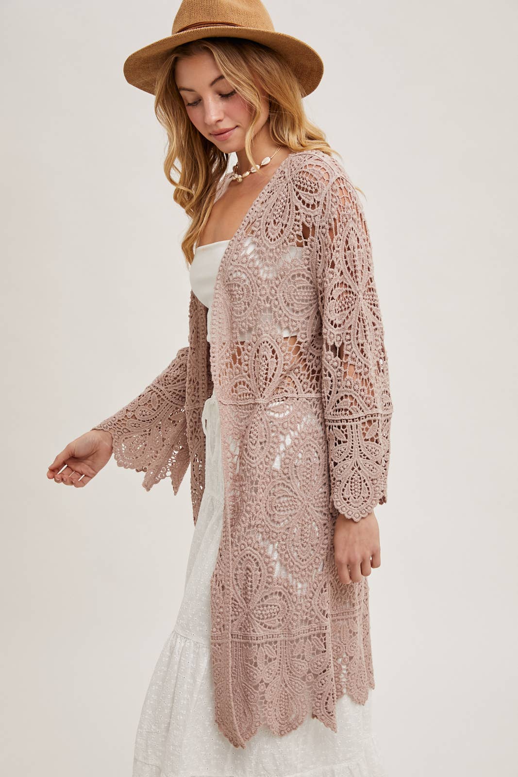 CROCHET OPEN FRONT BELL SLEEVED CARDIGAN: NATURAL / S/M