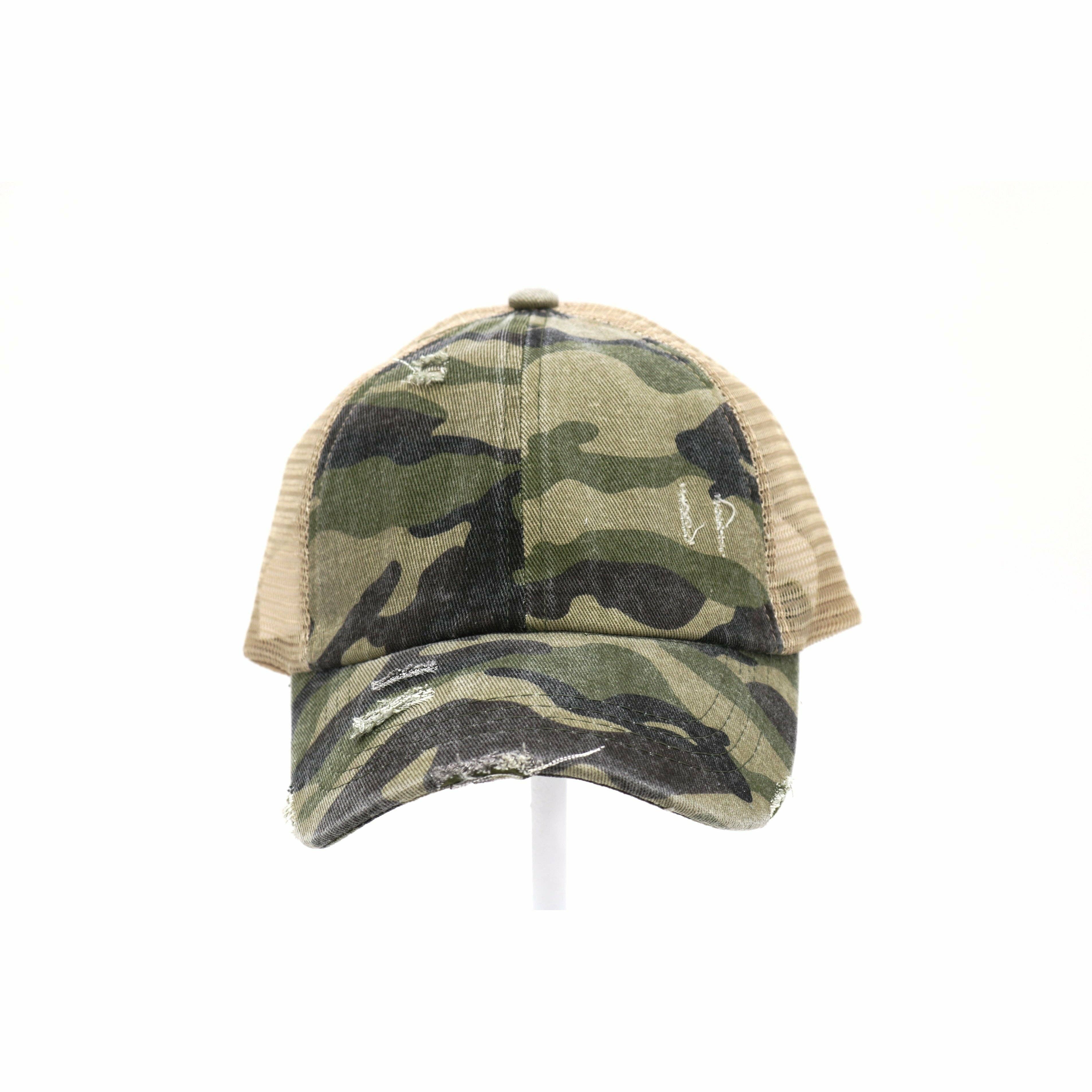 Distressed Camouflage Criss-Cross High Ponytail CC Baseball Hat