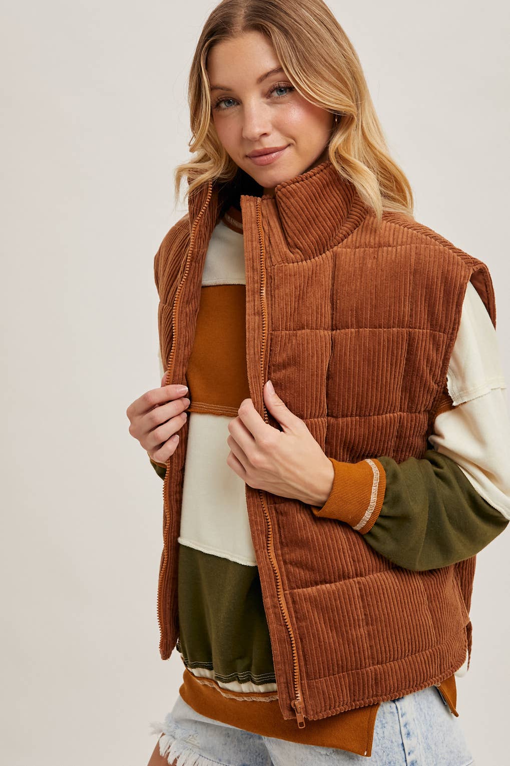 Camel Corduroy Quilted Puffer Vest