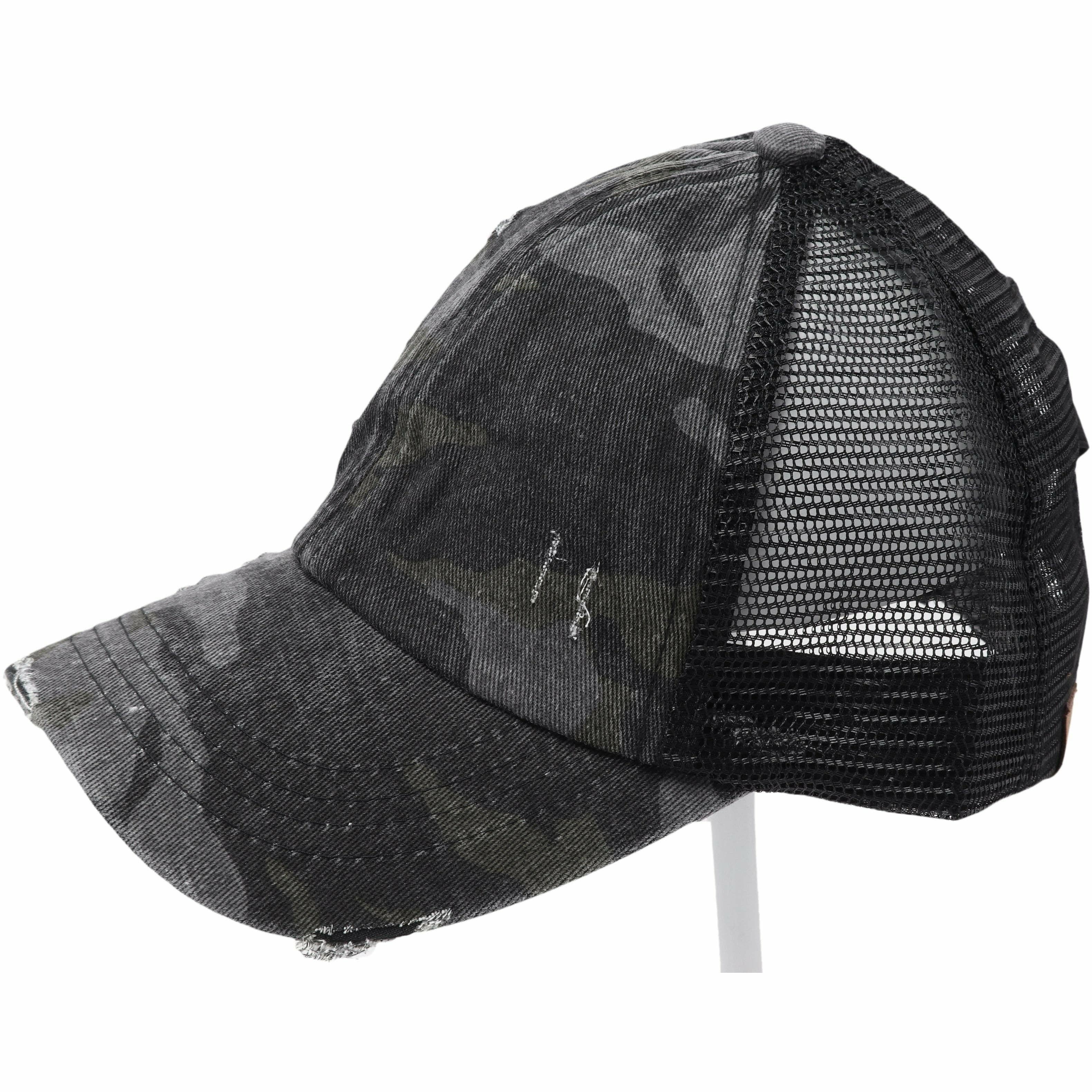 Distressed Camouflage Criss-Cross High Ponytail CC Baseball Hat