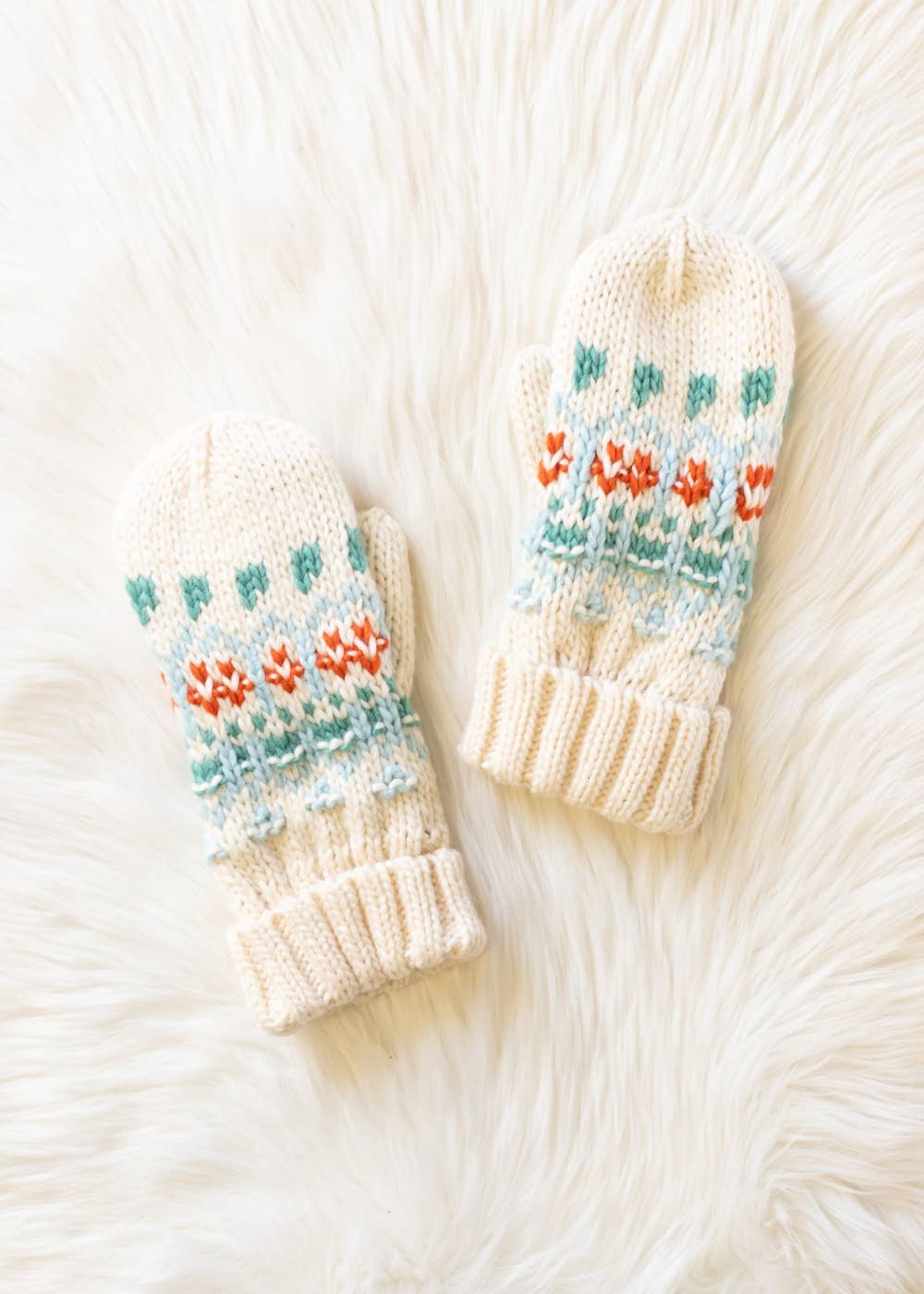 Ivory, Light Blue, Mint & Orange Patterned Mittens