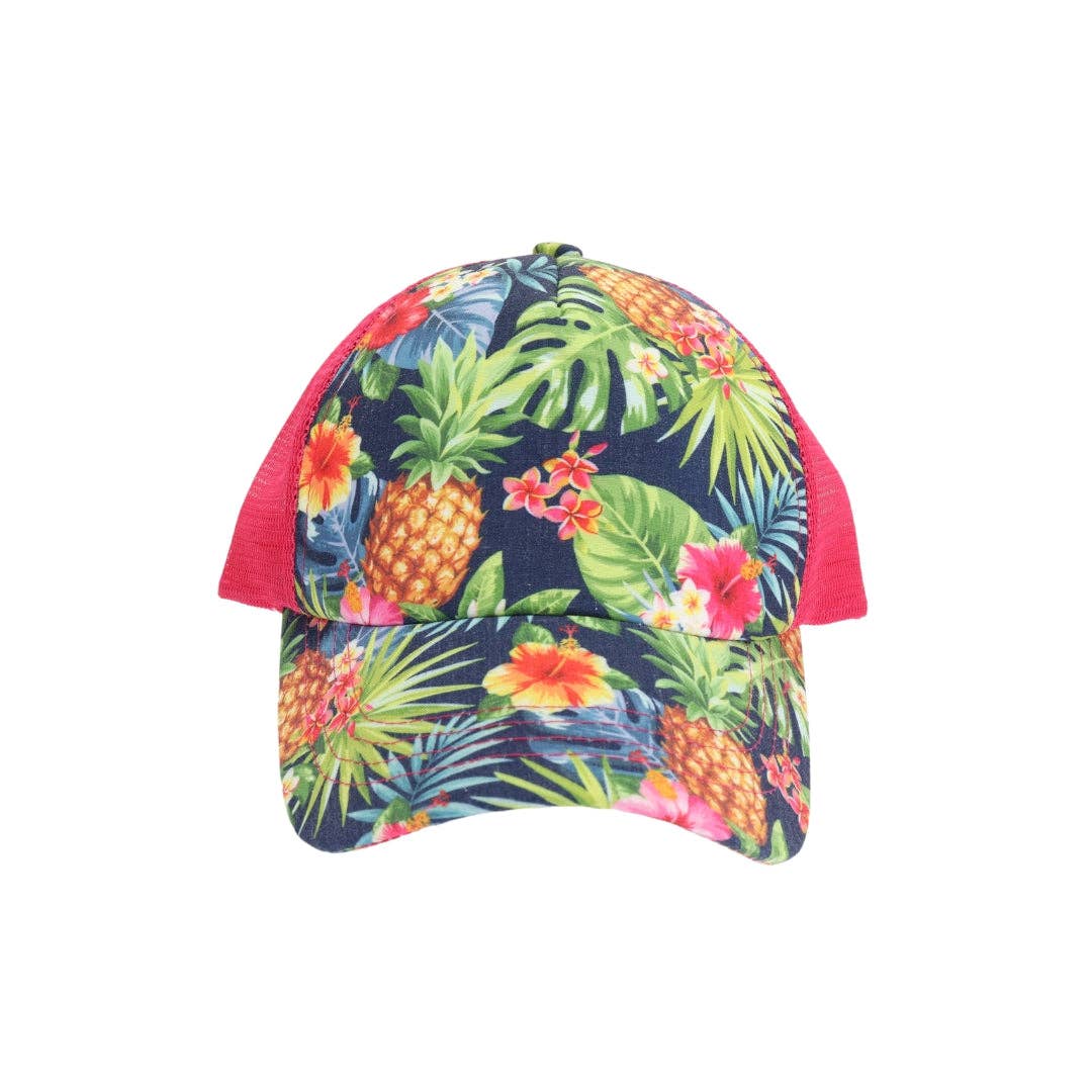Tropical Palm Print Criss Cross High Pony C.C Ball Cap