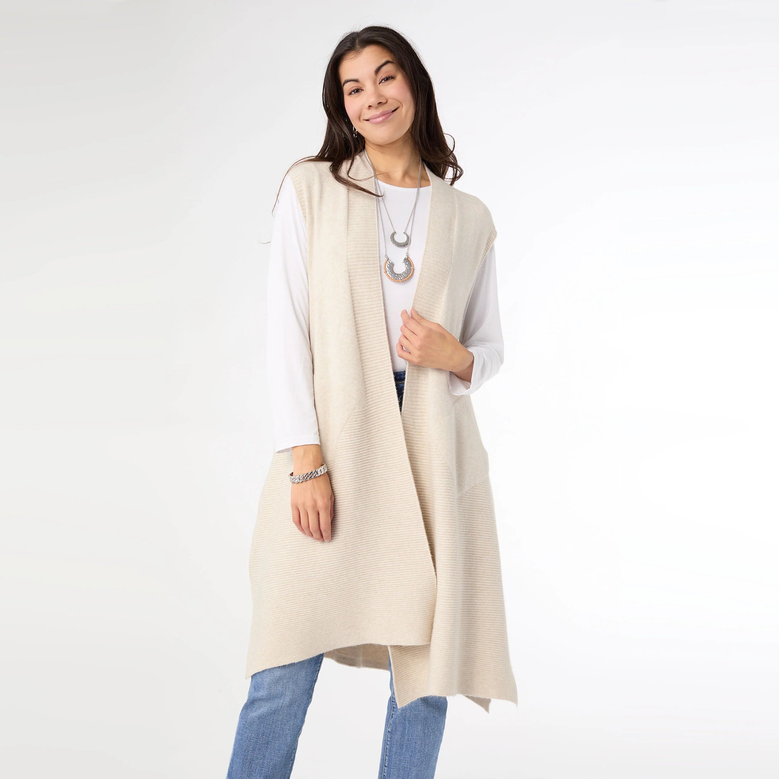 Oatmeal Heavenly-Luxe Contrast Rib Vest with Pockets
