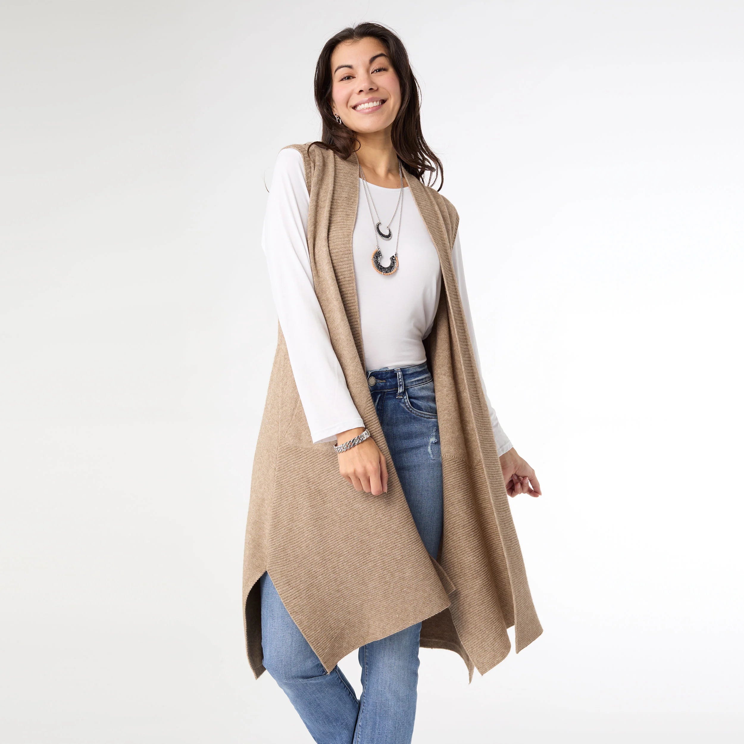 Beige Heavenly-Luxe Contrast Rib Vest with Pockets