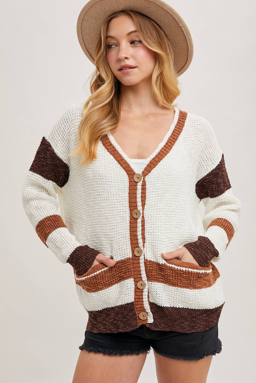 Color Block Button Down Knit Cardigan