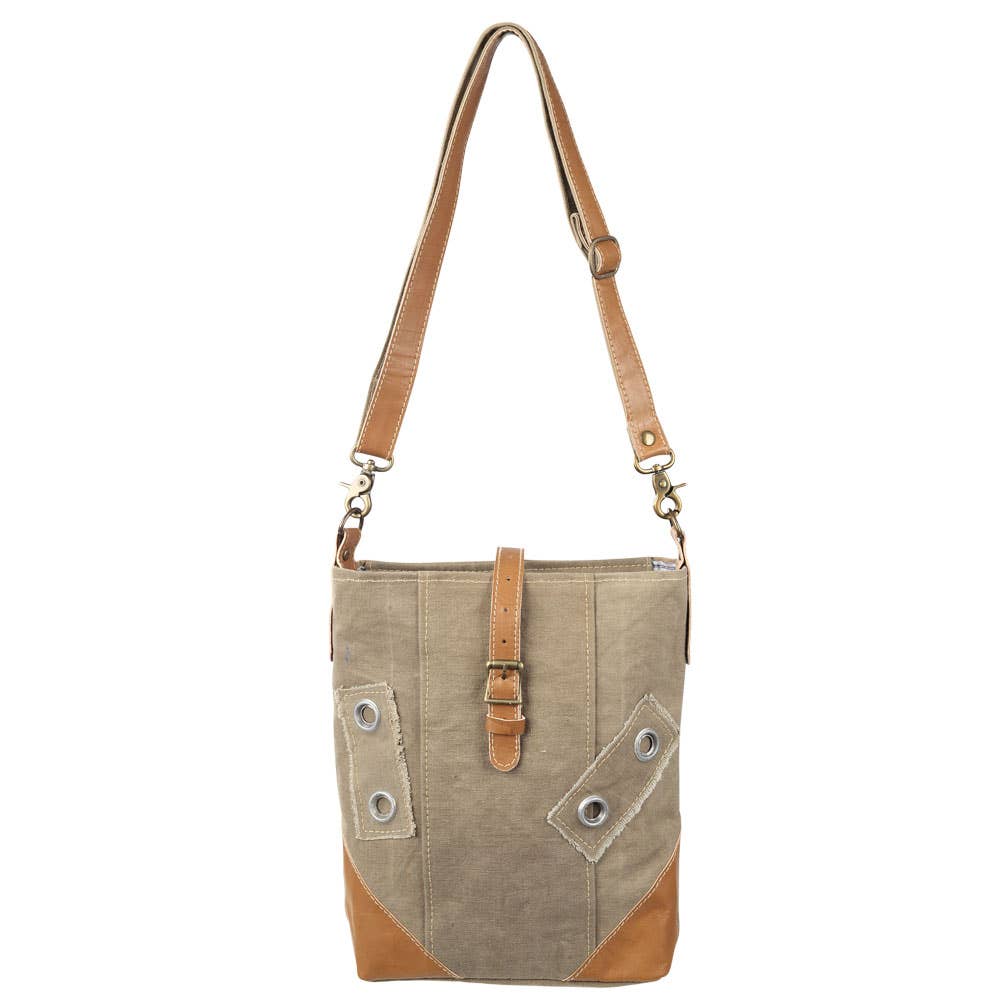 Neutral Canvas & Leather Crossbody Bag With Buckle