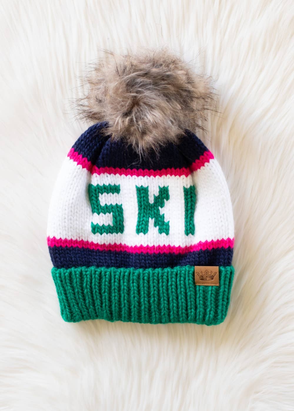 Green, Navy & Pink Ski Pom Hat