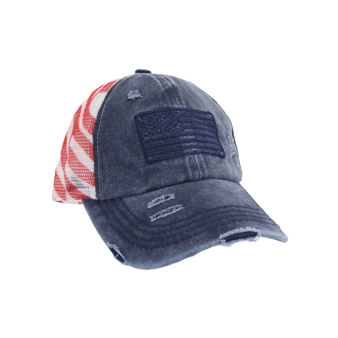 American Flag Criss Cross High Pony C.C Ball Cap BTB8060: White