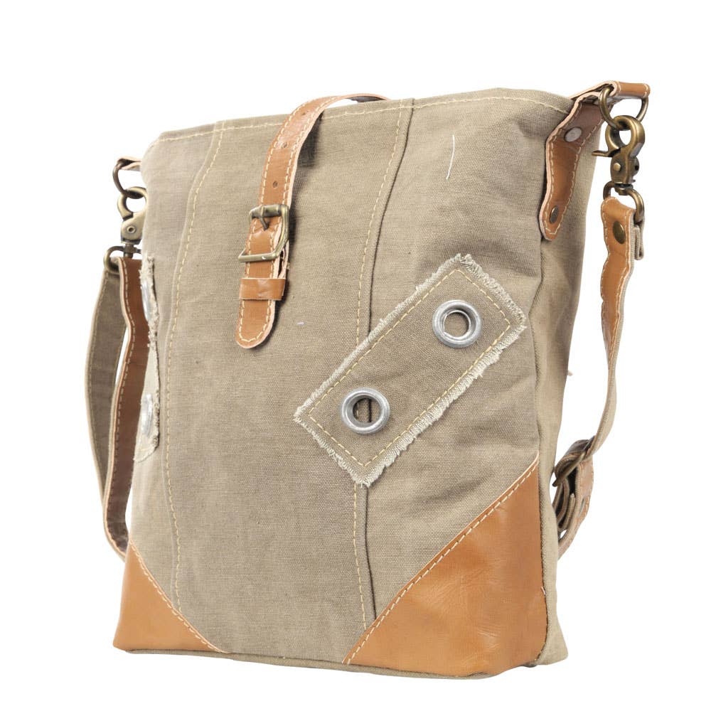 Neutral Canvas & Leather Crossbody Bag With Buckle