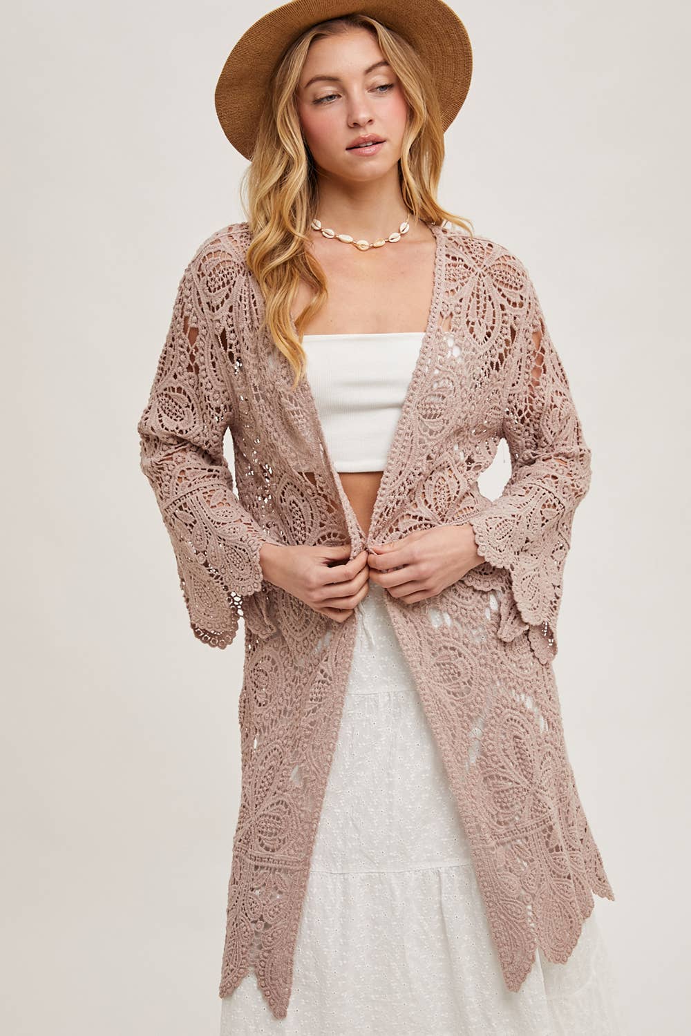 CROCHET OPEN FRONT BELL SLEEVED CARDIGAN: NATURAL / S/M