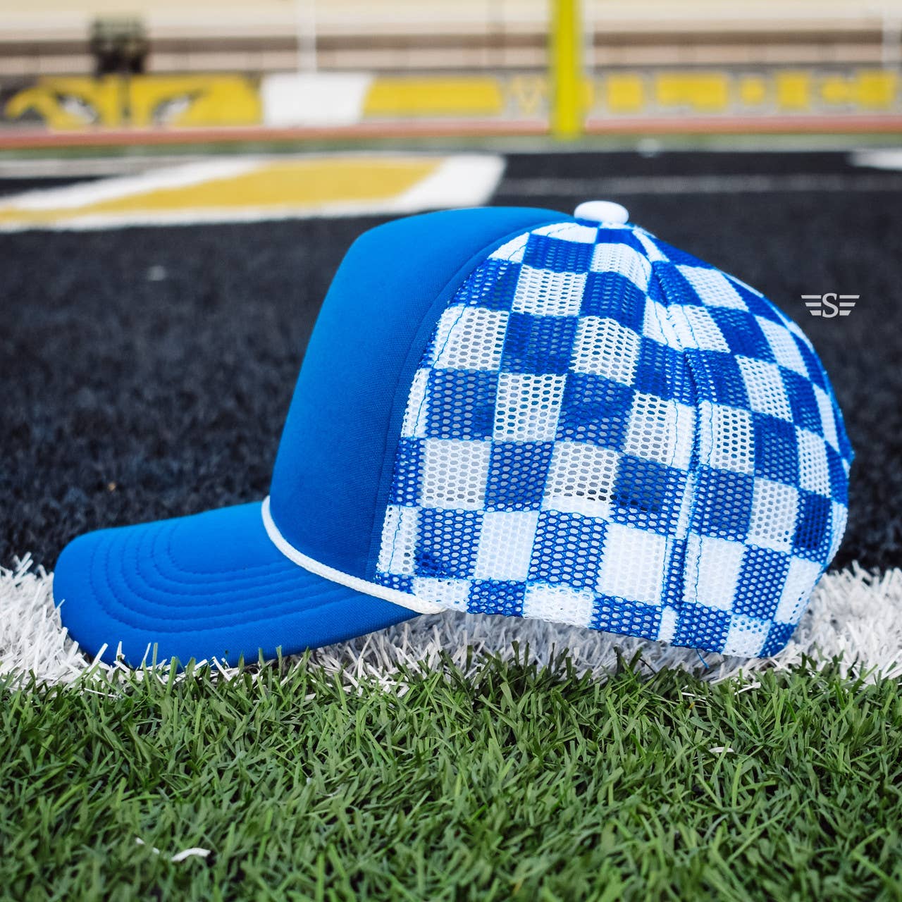Checkered Mesh Back Cap: Columbia Blue/ White