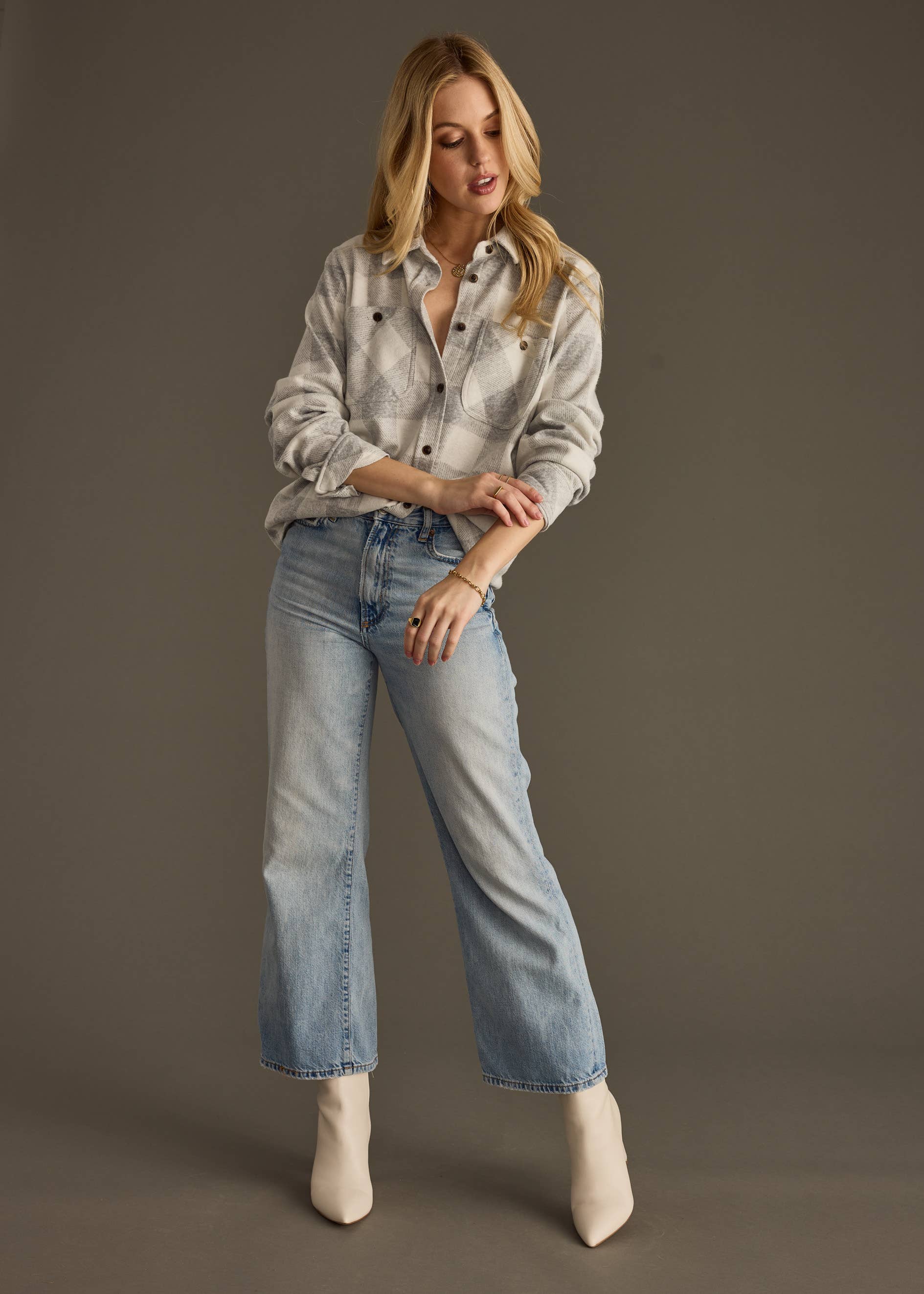 Light Gray & White Super Soft Plaid Button Up
