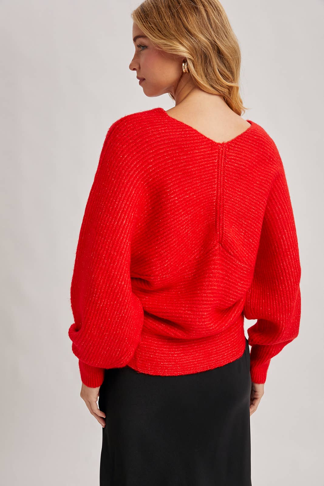 WRAP CROSSOVER RIBBED FUZZY KNIT SWEATER PULLOVER: RUBY / M/L