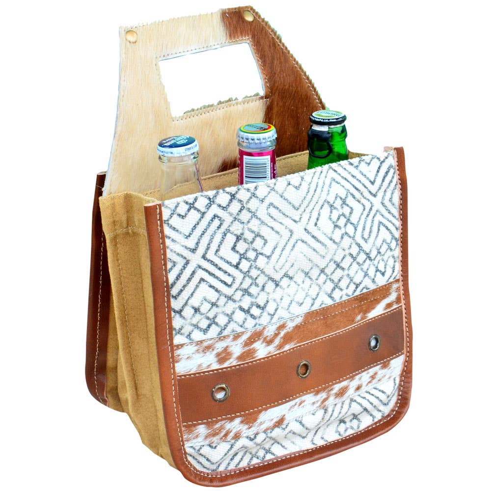 Vintage Charm White Canvas & Fur Beverage Carrier
