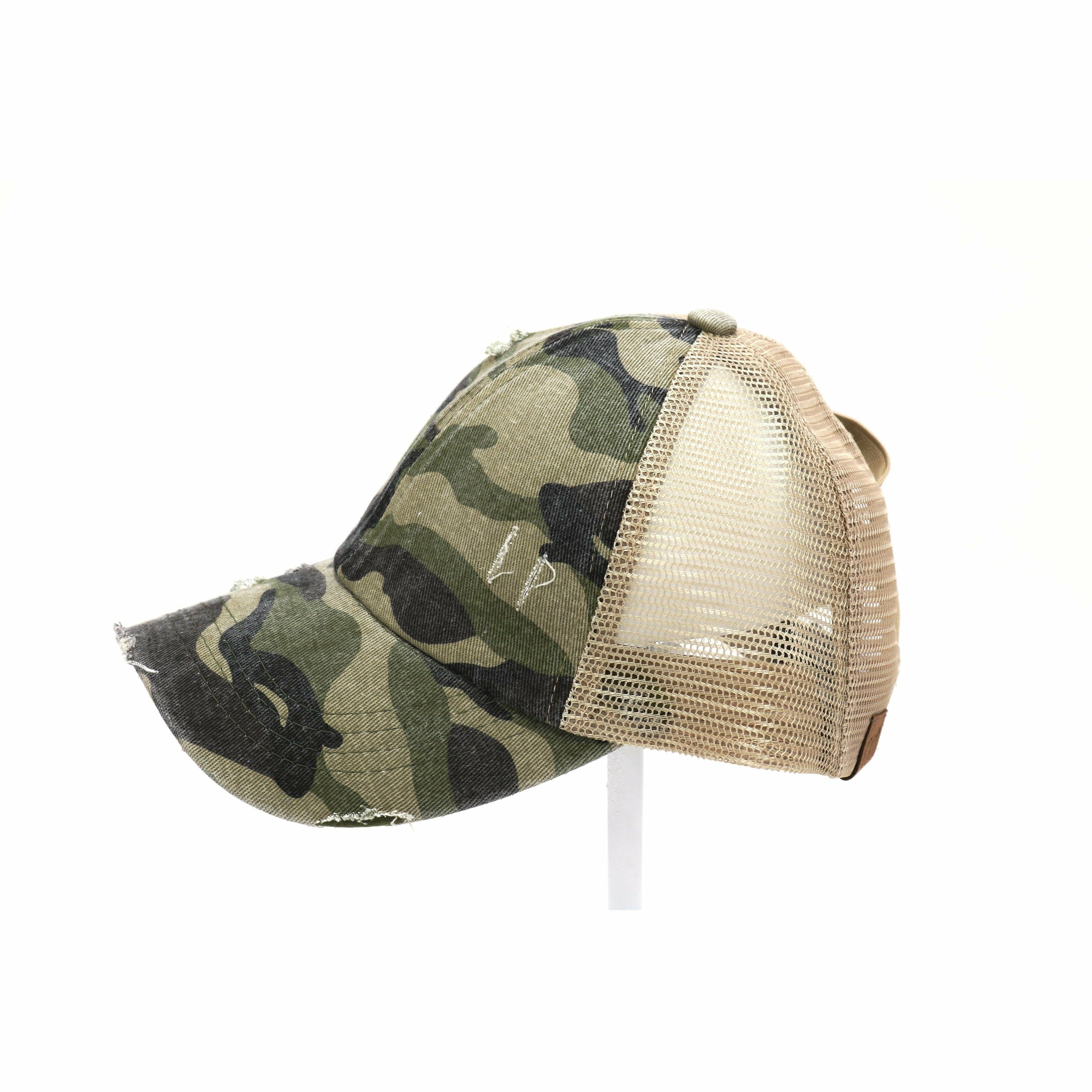 Distressed Camouflage Criss-Cross High Ponytail CC Baseball Hat