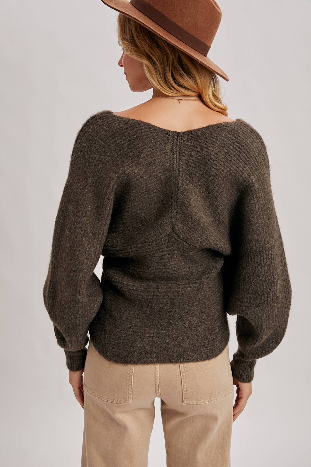 WRAP CROSSOVER RIBBED FUZZY KNIT SWEATER PULLOVER: RUBY / S/M