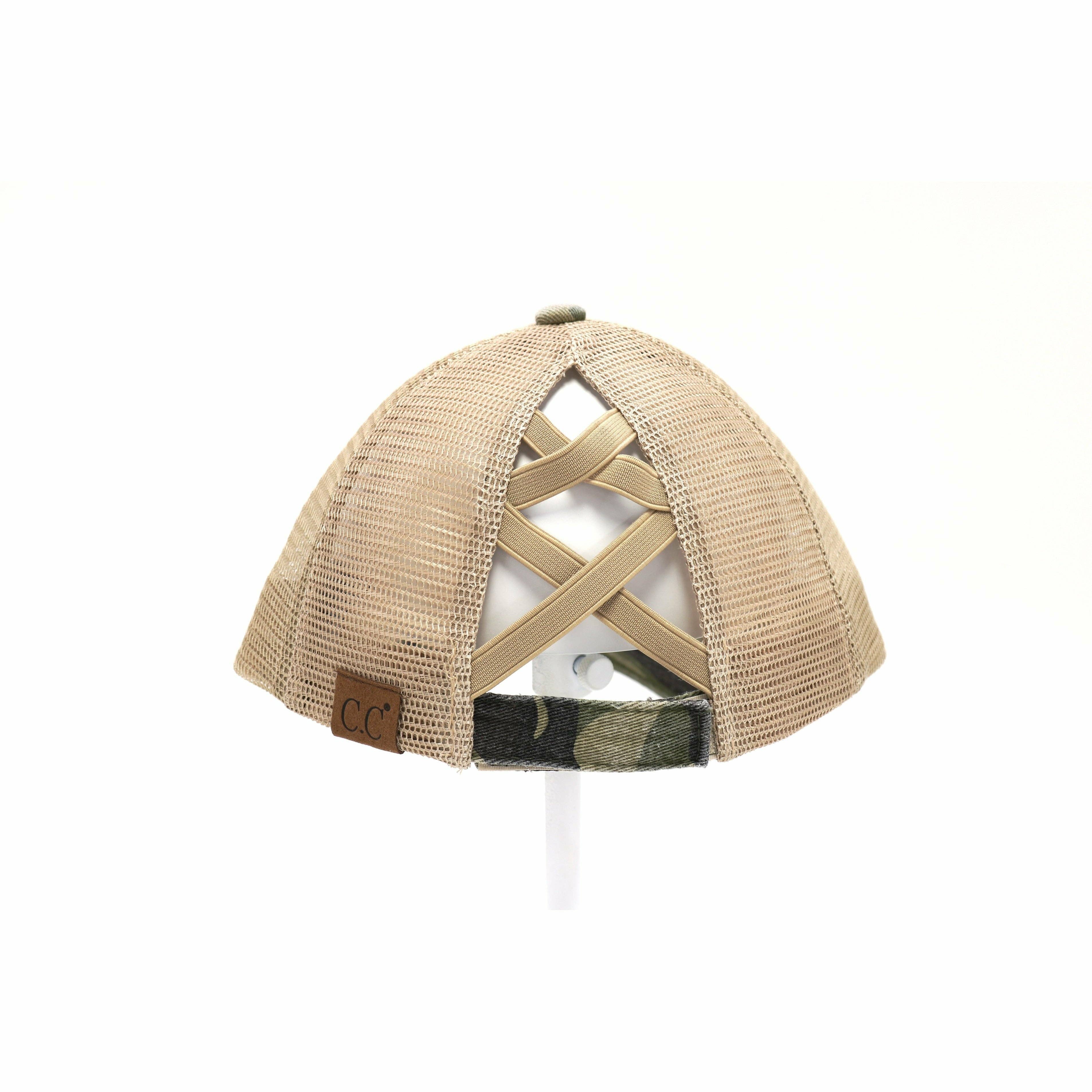 Distressed Camouflage Criss-Cross High Ponytail CC Baseball Hat