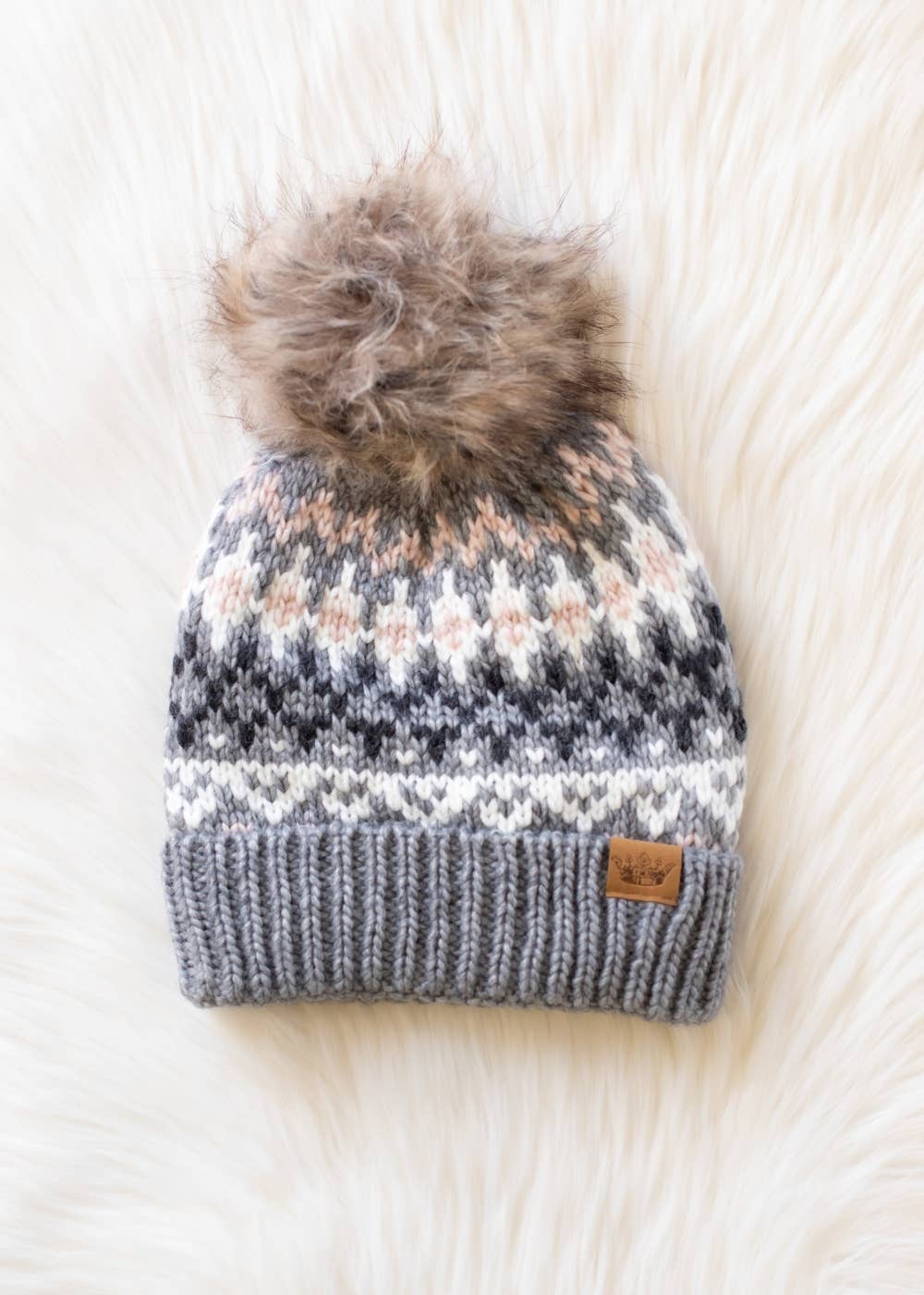 Gray, White & Blush Winter Pattern Pom Hat