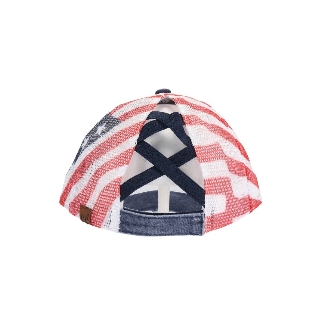 American Flag Criss Cross High Pony C.C Ball Cap BTB8060: White
