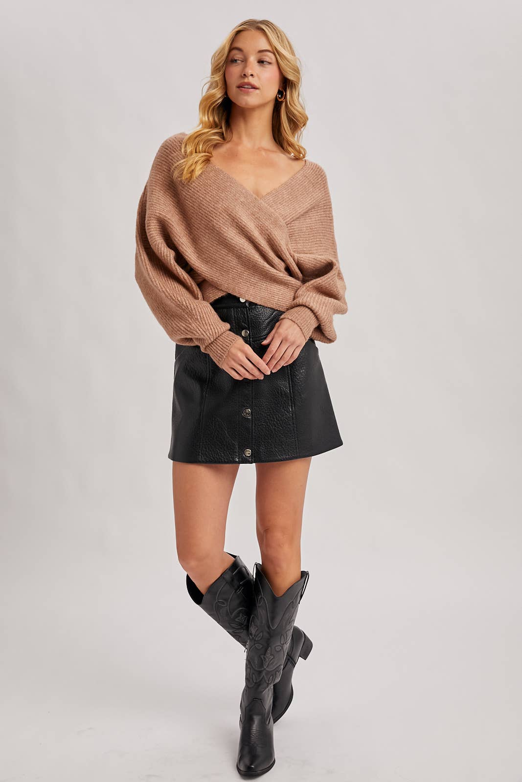 WRAP CROSSOVER RIBBED FUZZY KNIT SWEATER PULLOVER: RUBY / M/L