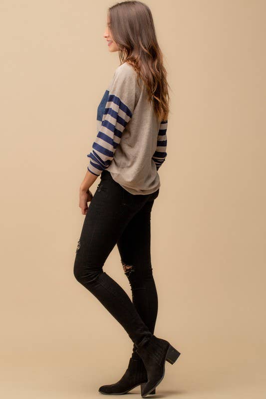 Taupe & Navy Color Block Top With Stripe Sleeve