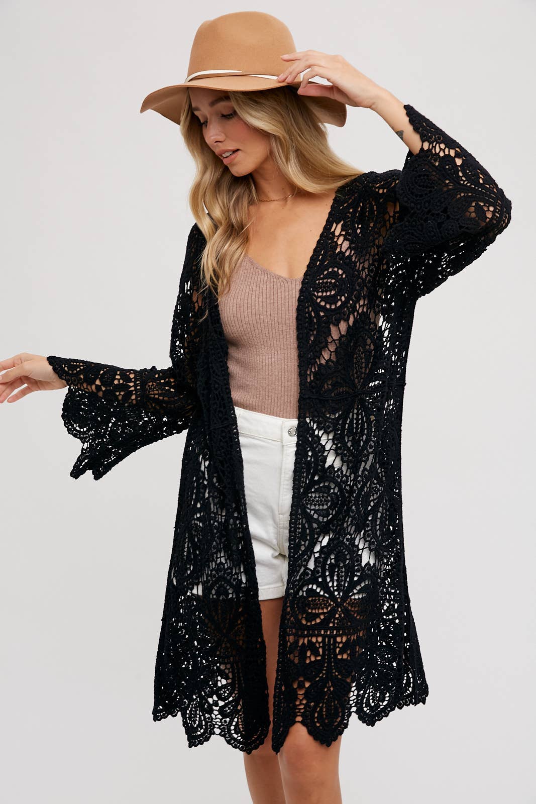 CROCHET OPEN FRONT BELL SLEEVED CARDIGAN: NATURAL / S/M