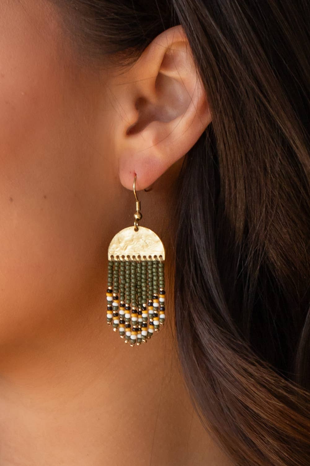 Gold & Olive Beaded Fringe Earrings