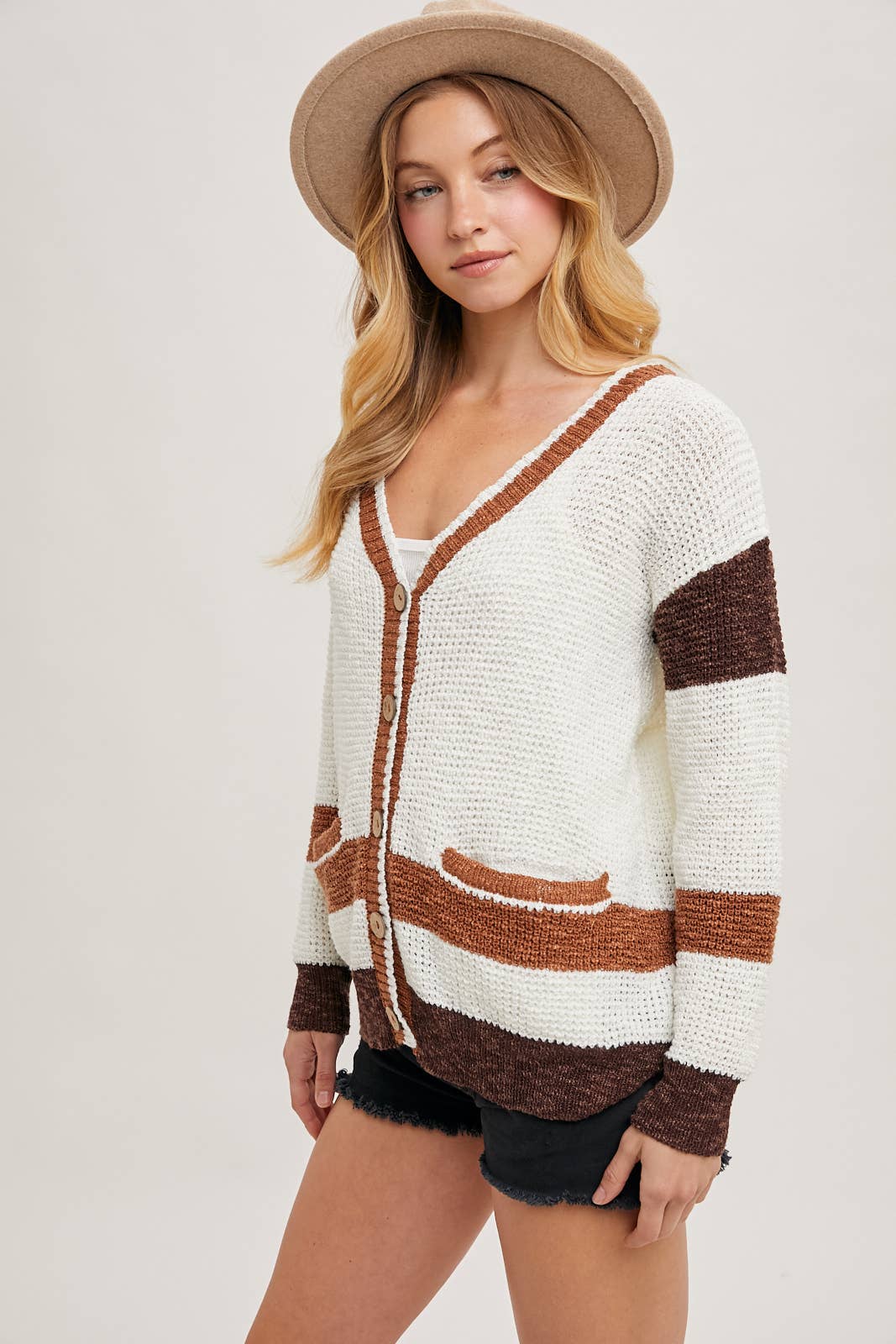 Color Block Button Down Knit Cardigan