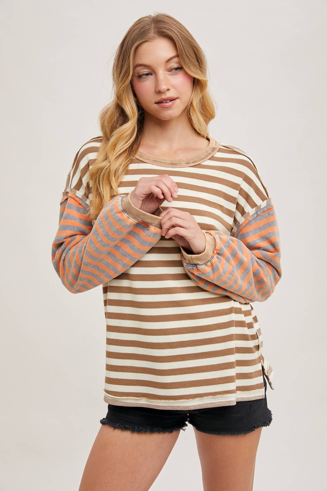 Striped Exposed Seam Loose Fit Pullover Shirt