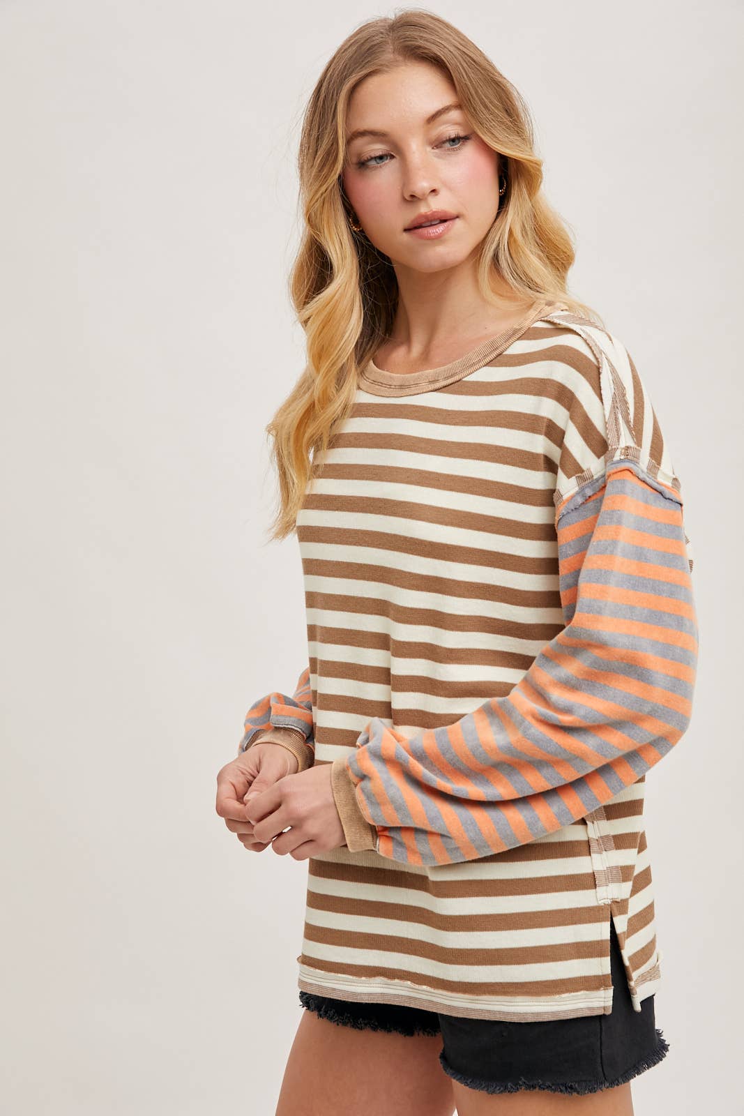 Striped Exposed Seam Loose Fit Pullover Shirt