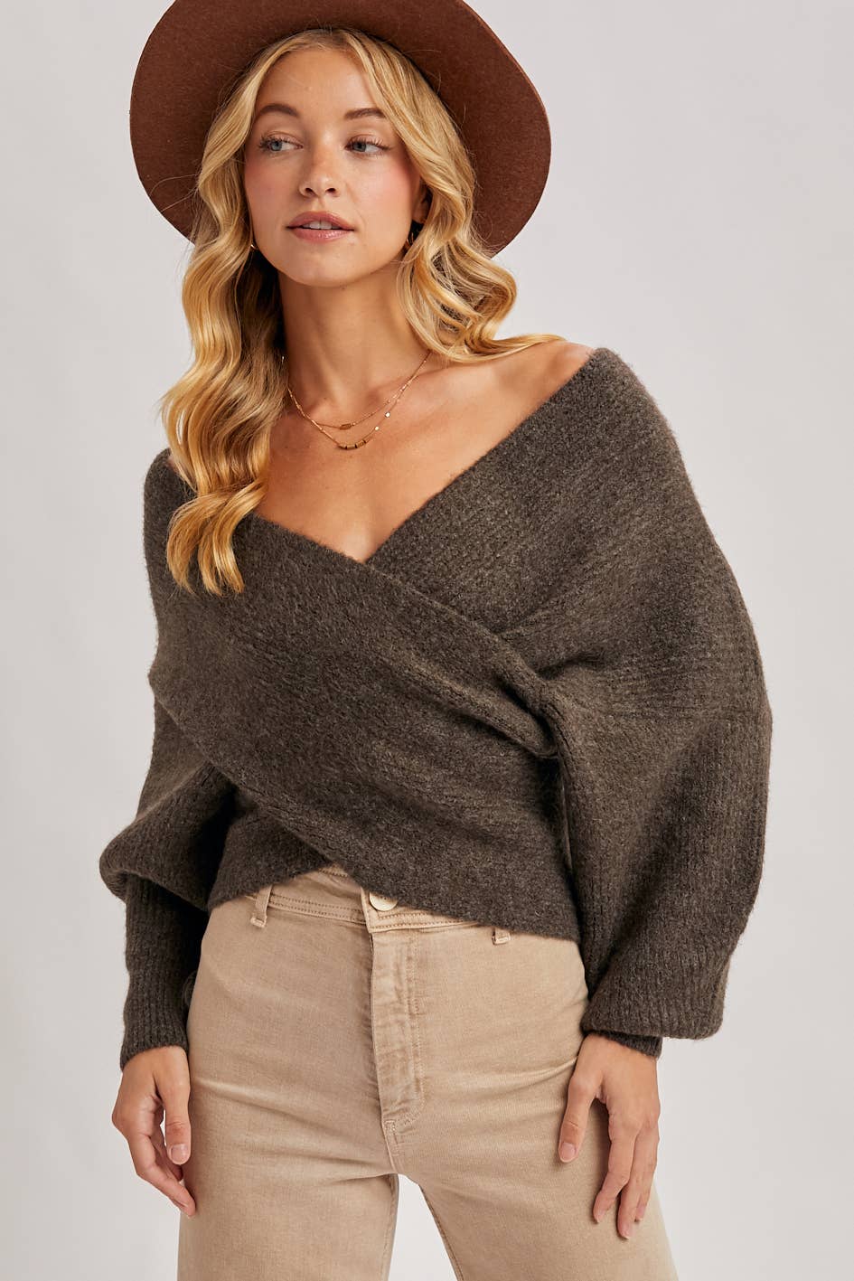 WRAP CROSSOVER RIBBED FUZZY KNIT SWEATER PULLOVER: RUBY / M/L