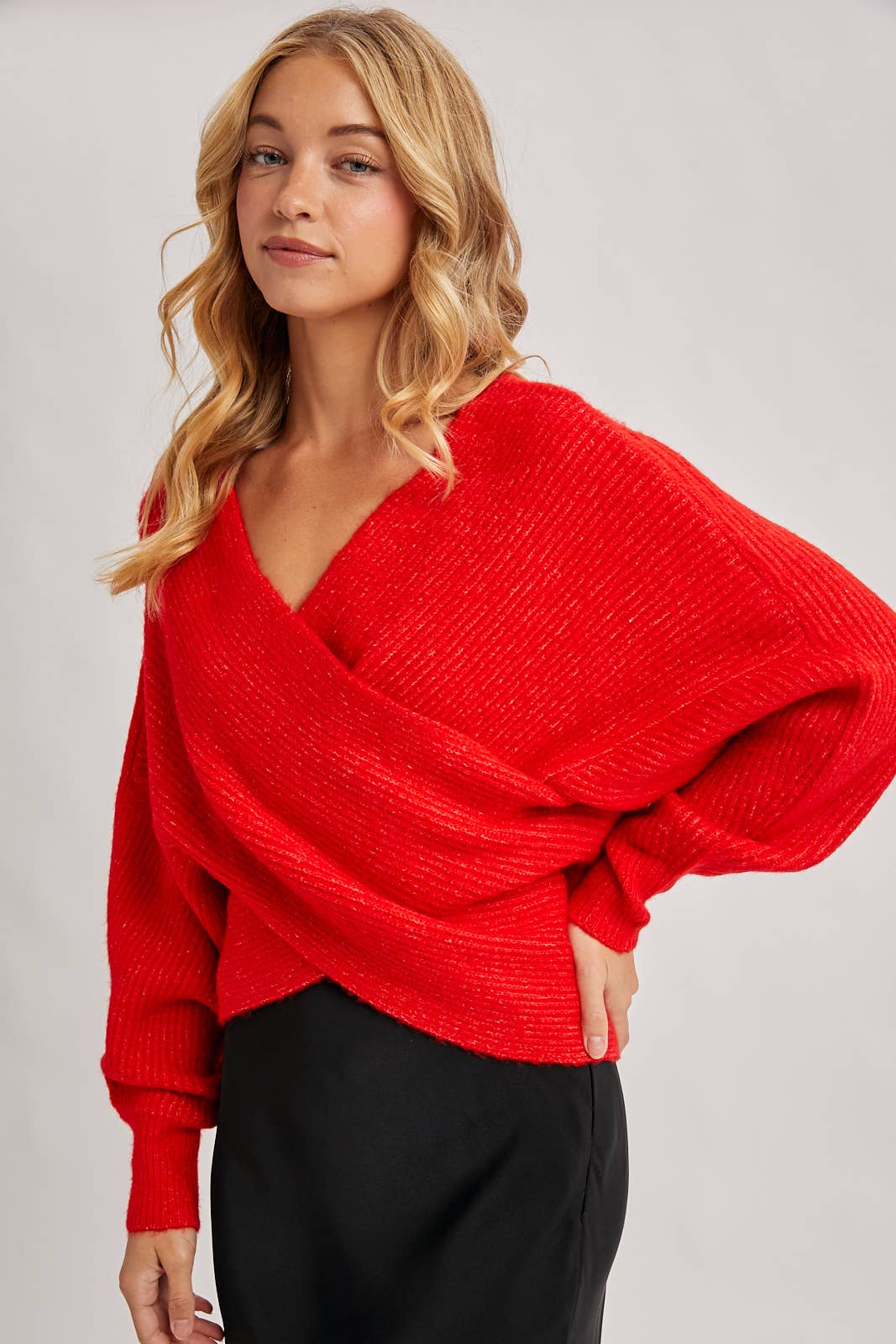 WRAP CROSSOVER RIBBED FUZZY KNIT SWEATER PULLOVER: RUBY / S/M