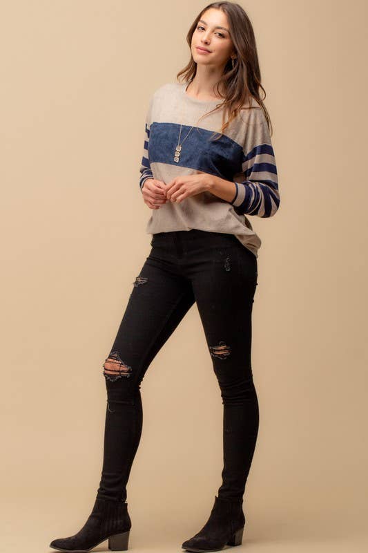 Taupe & Navy Color Block Top With Stripe Sleeve