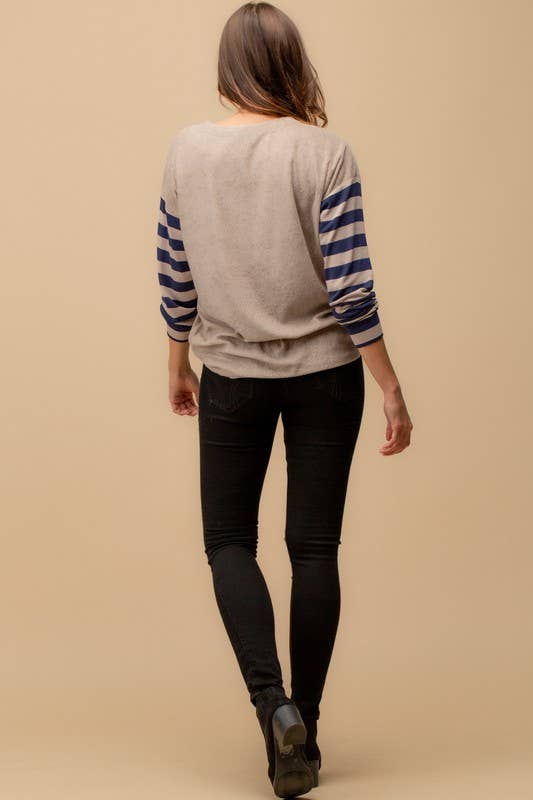 Taupe & Navy Color Block Top With Stripe Sleeve