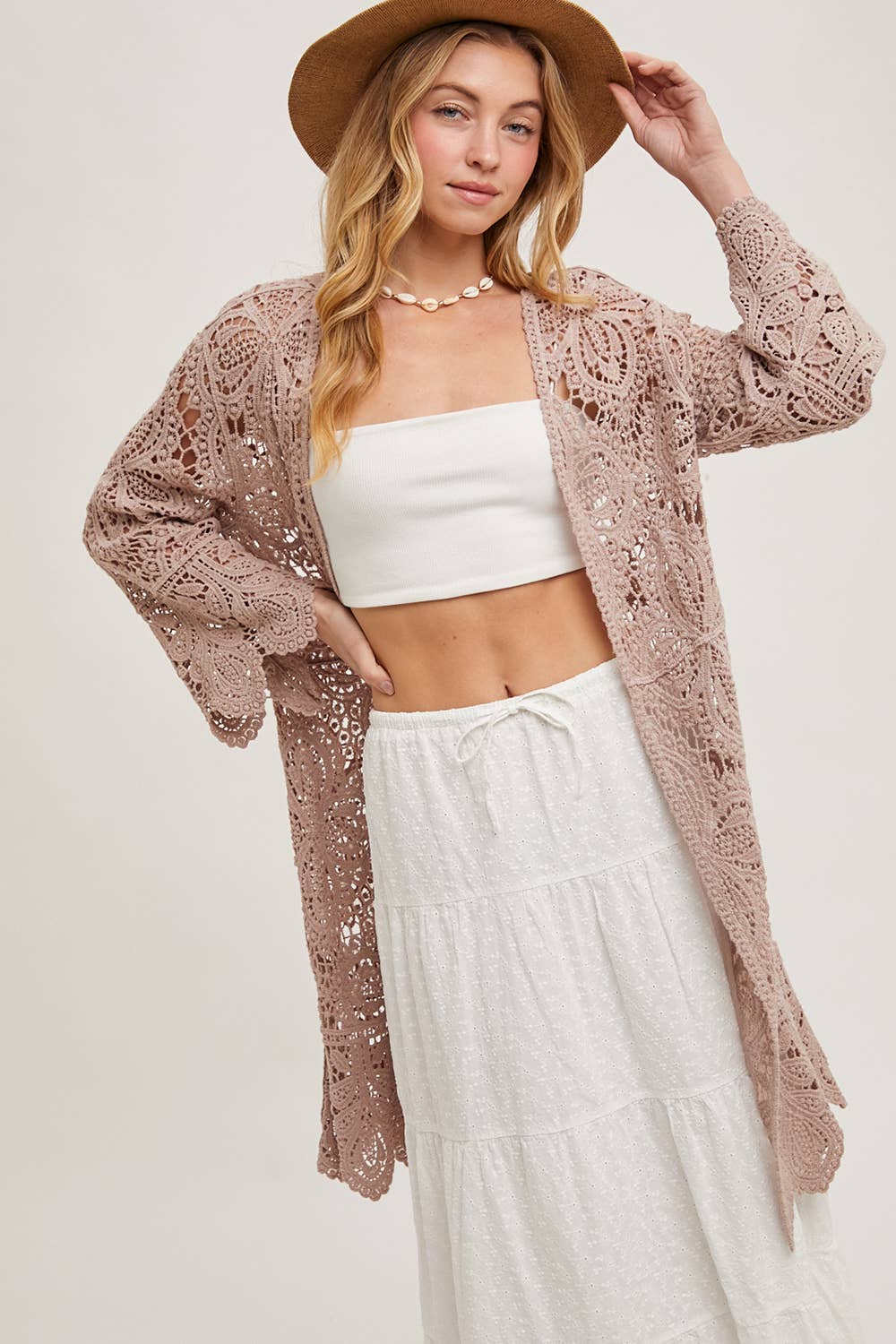 CROCHET OPEN FRONT BELL SLEEVED CARDIGAN: NATURAL / S/M