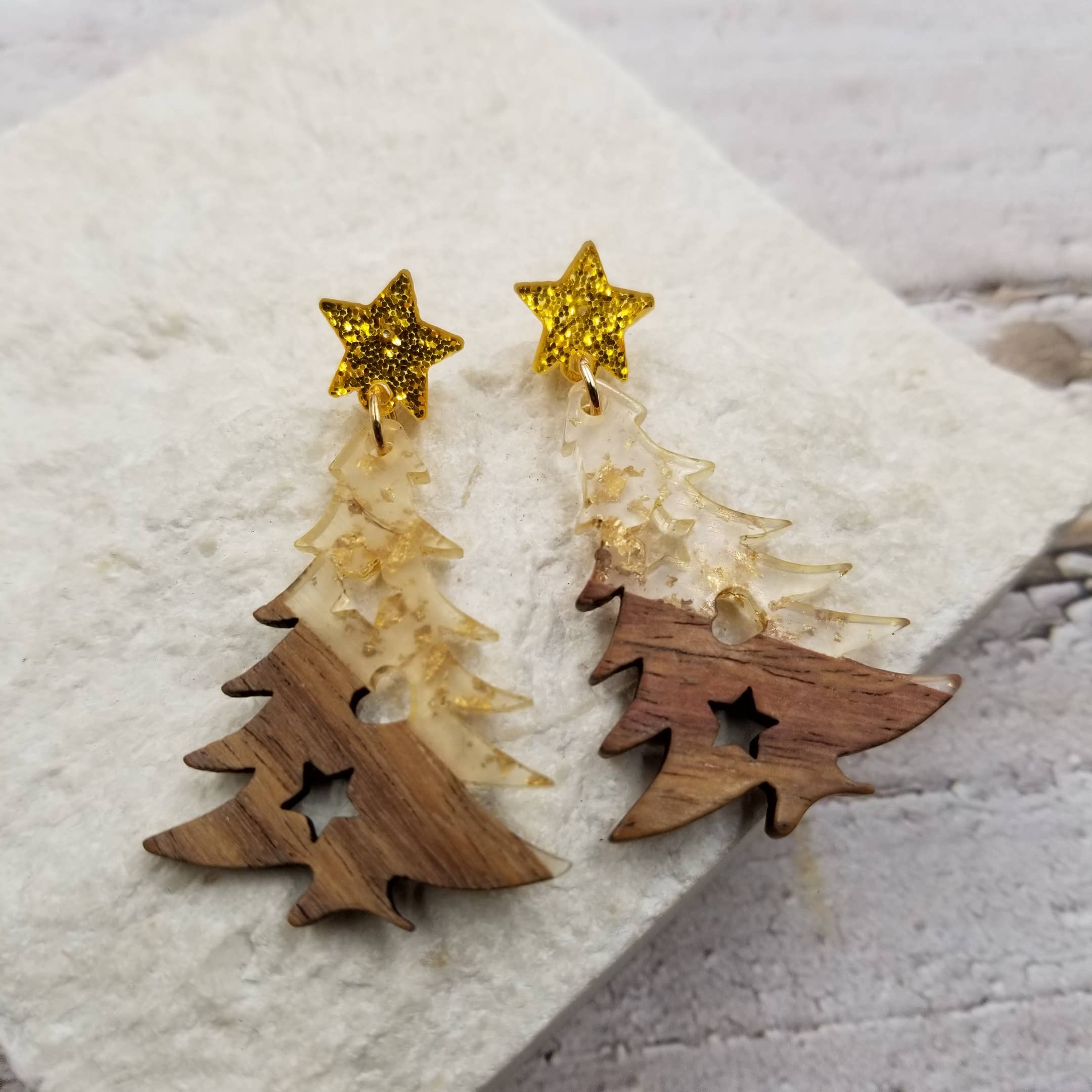 Wood & Resin Christmas Tree Earrings