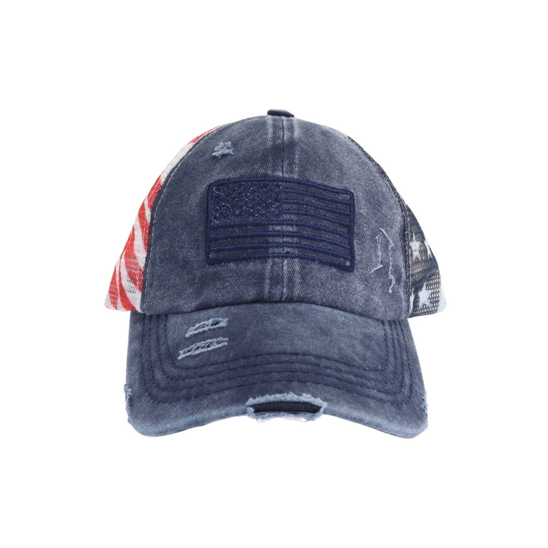 American Flag Criss Cross High Pony C.C Ball Cap BTB8060: White