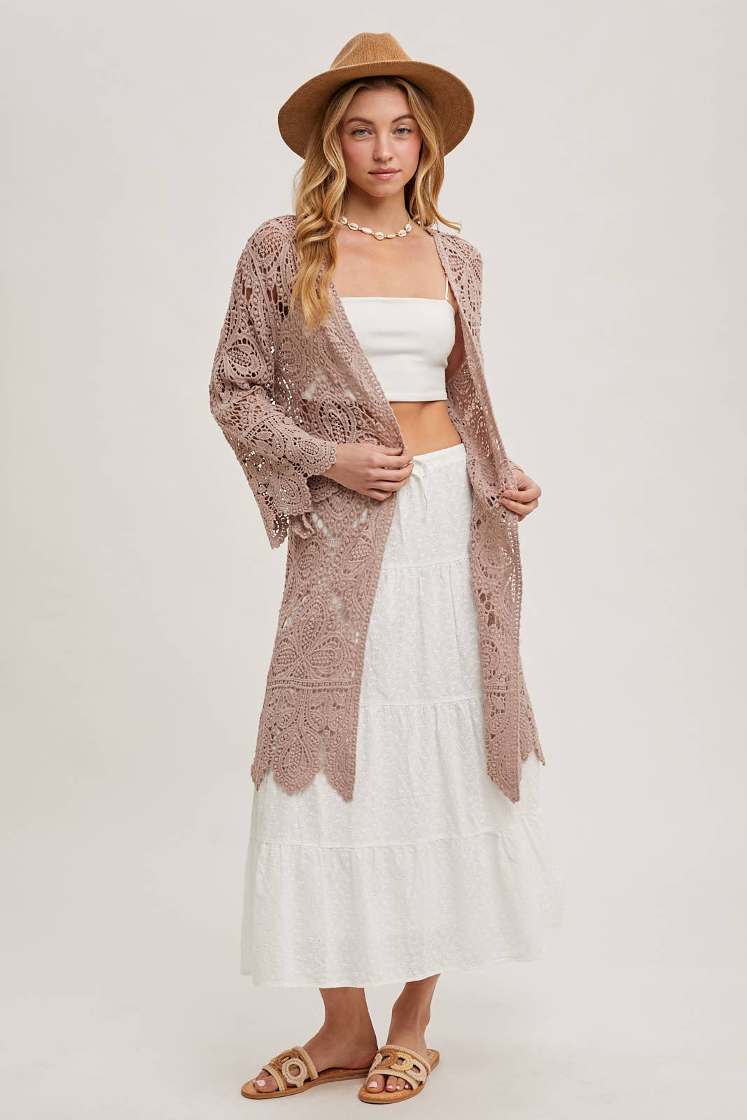 CROCHET OPEN FRONT BELL SLEEVED CARDIGAN: NATURAL / S/M